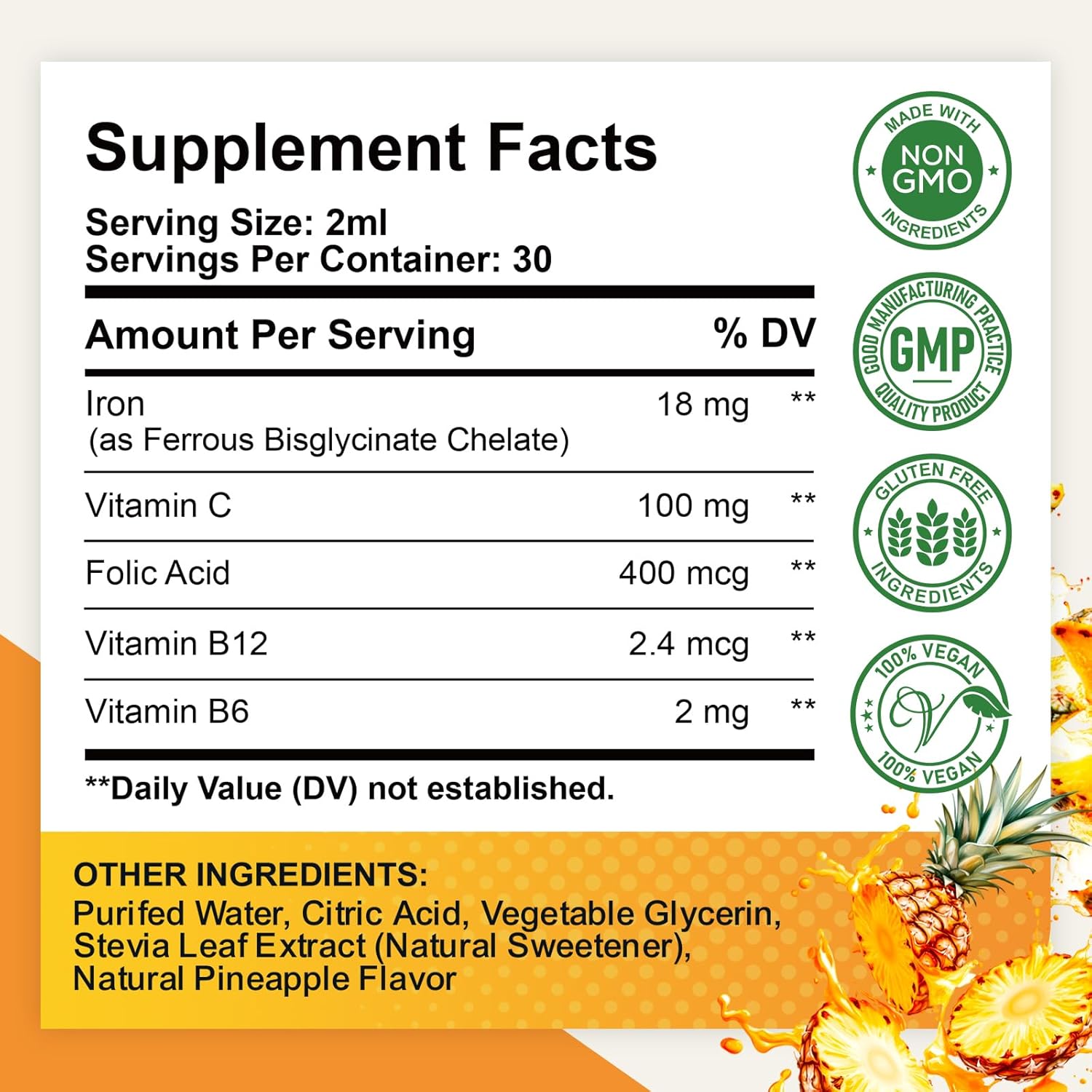 2 Pack Liquid Iron Supplement for Women, Men & Kids, Liquid Iron Drops with Folate, Vitamin C, B6, B12 for Anemia, Red Blood Cell, Energy Support, Pineapple Flavor