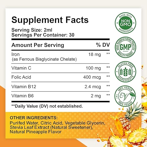 Miniatura 7 de Paquete de 2 suplementos de hierro líquido para mujeres, hombres y niños, gotas de hierro líquido con folato, vitamina C, B6, B12 para anemia,