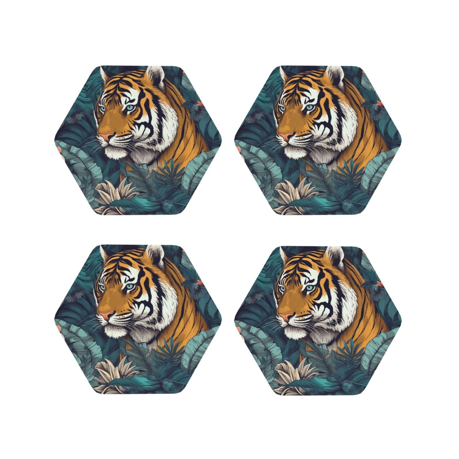 4Pcs PU Leather Coaster for Drinks, Tropical Tiger Cup Coastersr 4" Cup Mat Pad, Aesthetic Drink Coasters for Coffee Table, Hexagon Coaster for Tabletop Protection