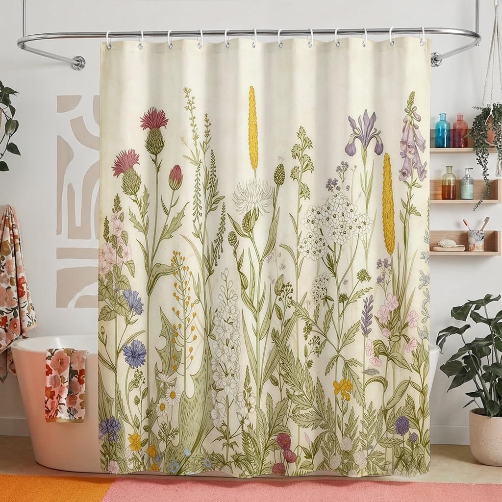 Vintage Hand-Pressed Wildflower Botanical Shower Curtain, Herbarium-Inspired Design, Waterproof Polyester Farmhouse Decor for Bathroom, 72x72 Inches Fits Standard Tub/Shower