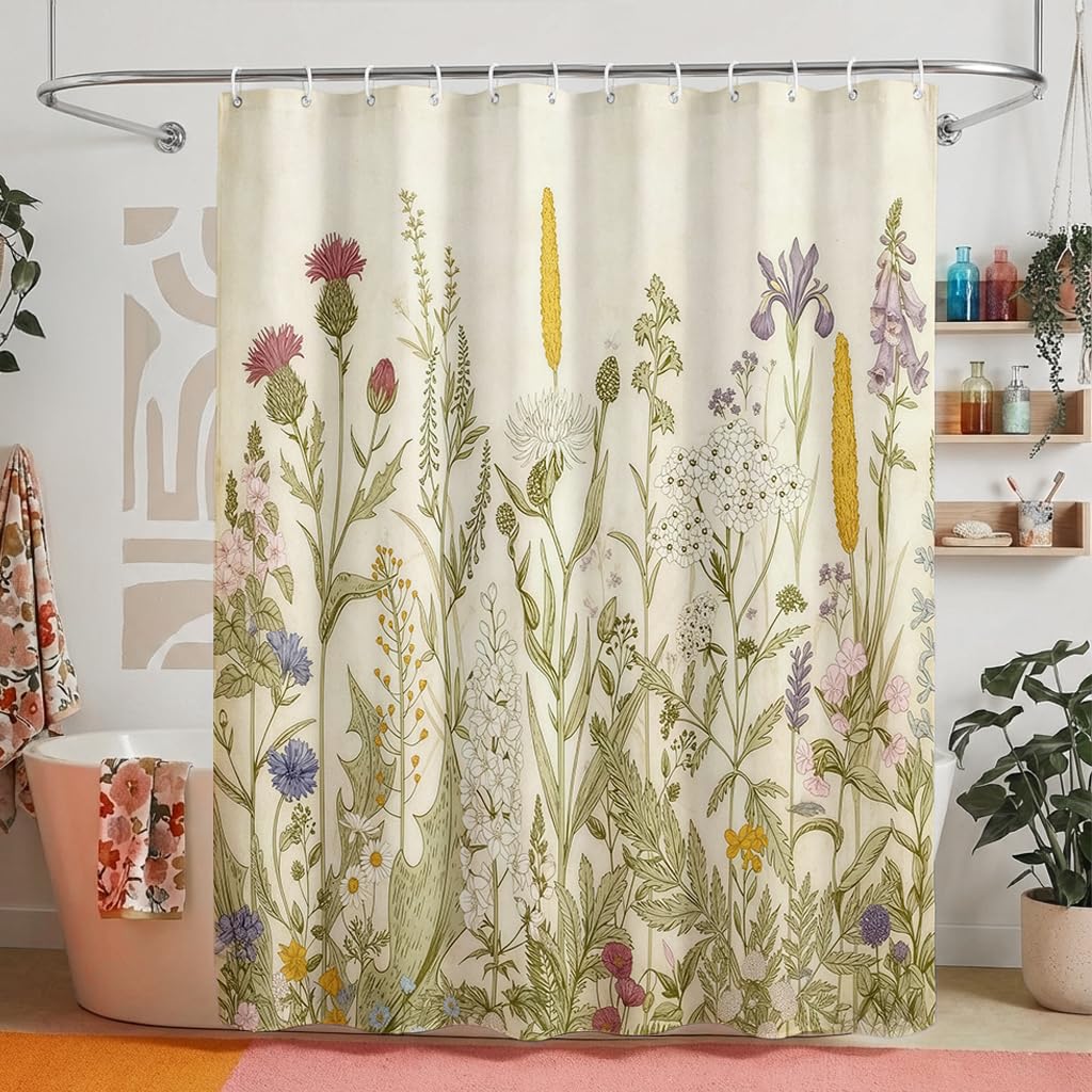 ZAFYYGH Vintage Botanical Wildflower Shower Curtain, 72x72 Inch Antique Herbarium Style Floral Print Fabric, Rustic Farmhouse Bathroom Decor