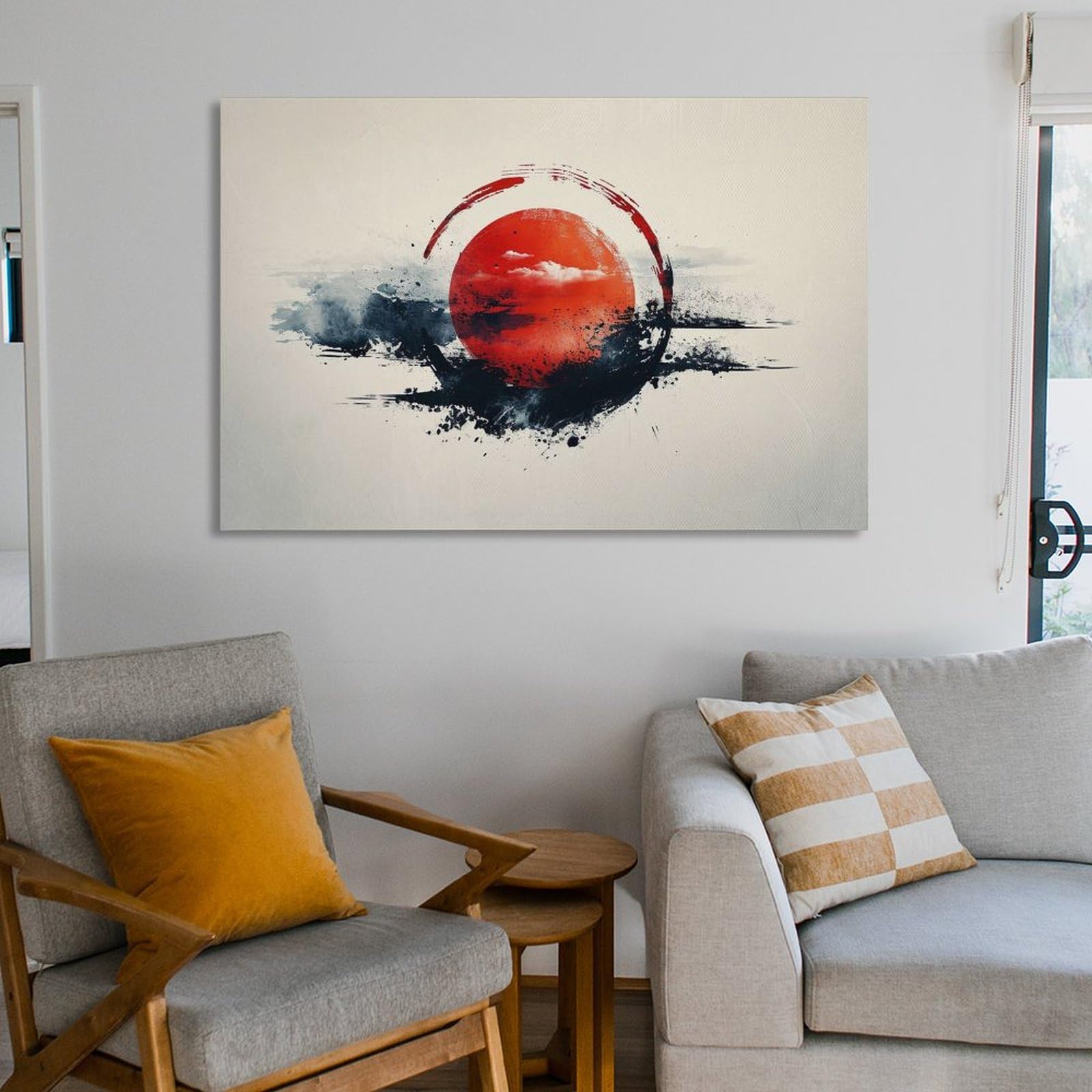 Amazon.co.jp: 絵画 赤い太陽の水墨画インテリア 絵画 モダンなミニマ