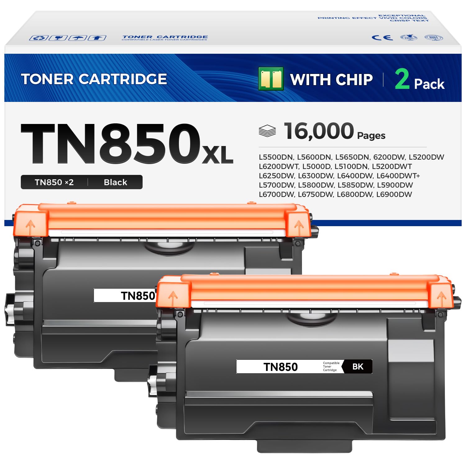 TN850 Toner Cartridge High Yield Black 2-Pack Compatible with Brother TN-850 TN880 TN820 TN890 HL-L6200DW L6200DWT L5200DW L5100DN L6400DW MFC-L5800DW L5700DW L6700DW L6800DW DCP-L5600DN Printer Ink