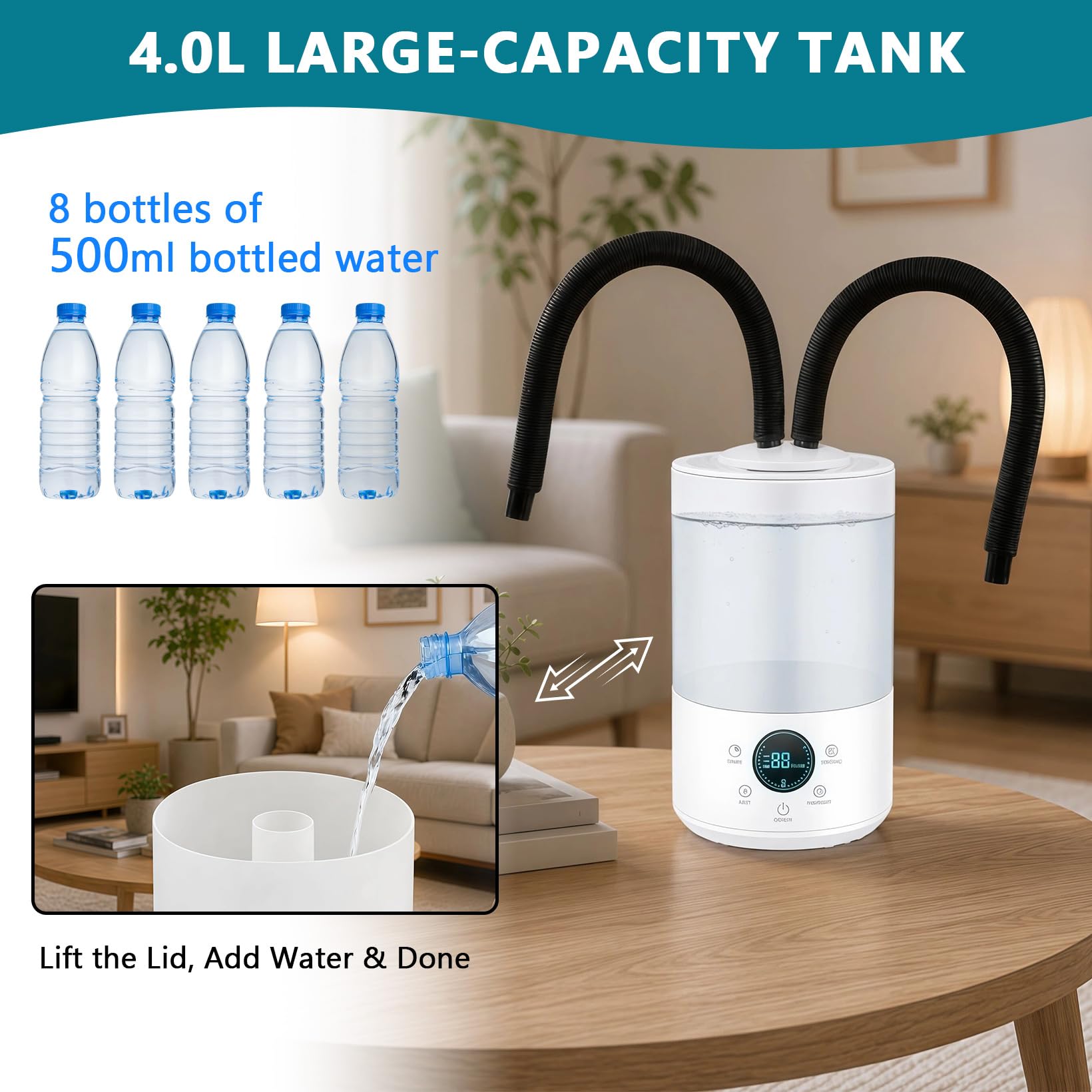 Humidificador de aire para reptiles de 4 litros, dispositivo de niebla de terrario con 420 ml/h y doble tubo, máquina de niebla para reptiles ultrasilenciosa, para terrario, apagado automático en