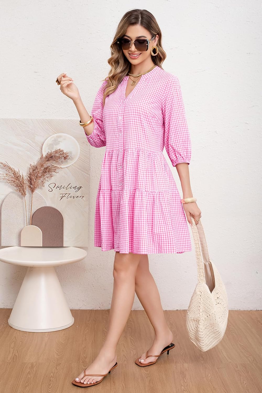 utcoco Women's 2025 Spring Summer Plaid Shirt Dress 3/4 Puff Sleeve Button Down Loose Casual Midi Dress with Pockets - Image 6