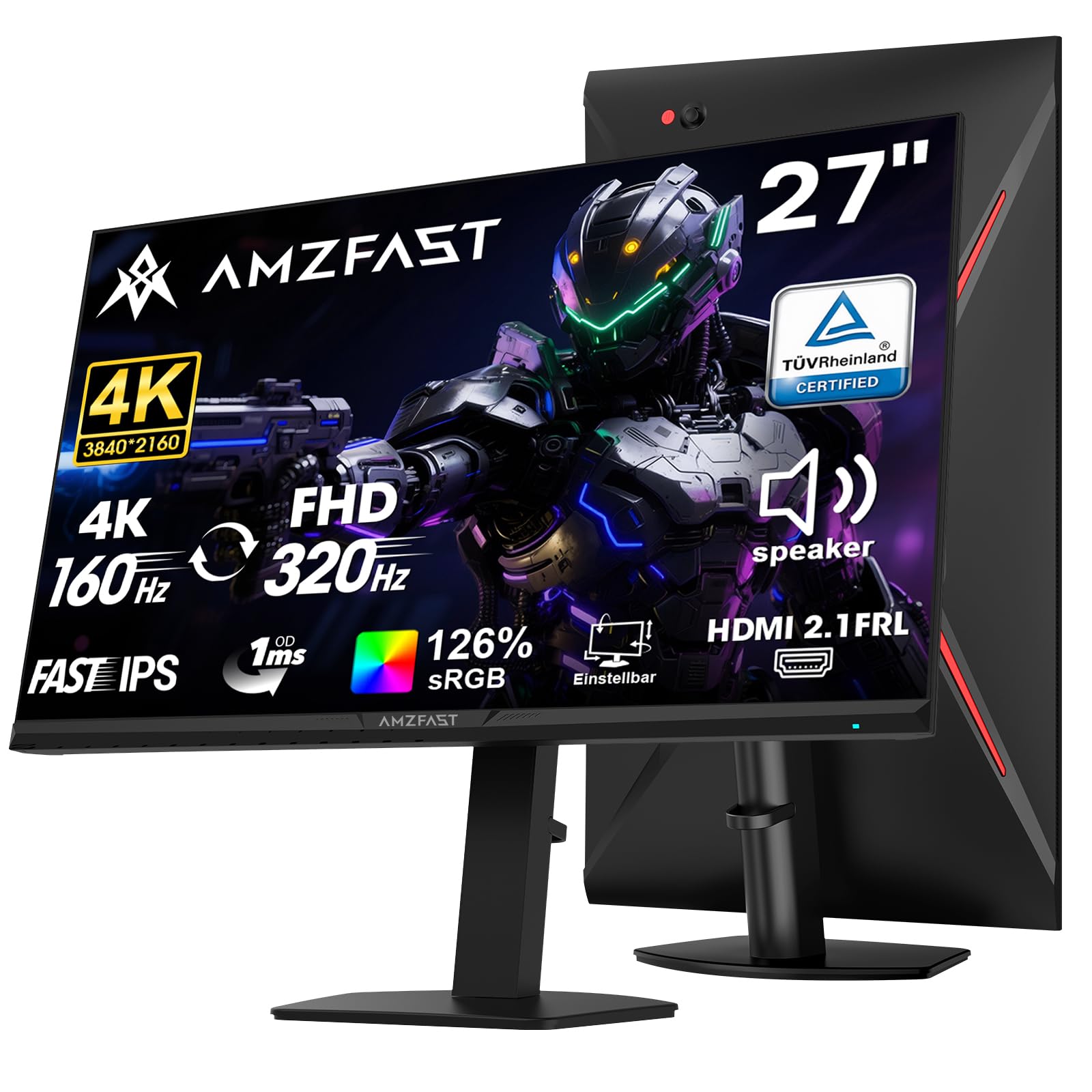 Amzfast Gaming Monitor 27 Zoll 4K mit Dual-Mode, UHD 160Hz/FHD 320Hz, Fast IPS Monitor, 1ms MPRT, Höhenverstellbar, HDR 400, sRGB 126%, HDMI 2.1, DP 1.4, PBP/Pip, Adaptive Sync - AMZG27F6U
