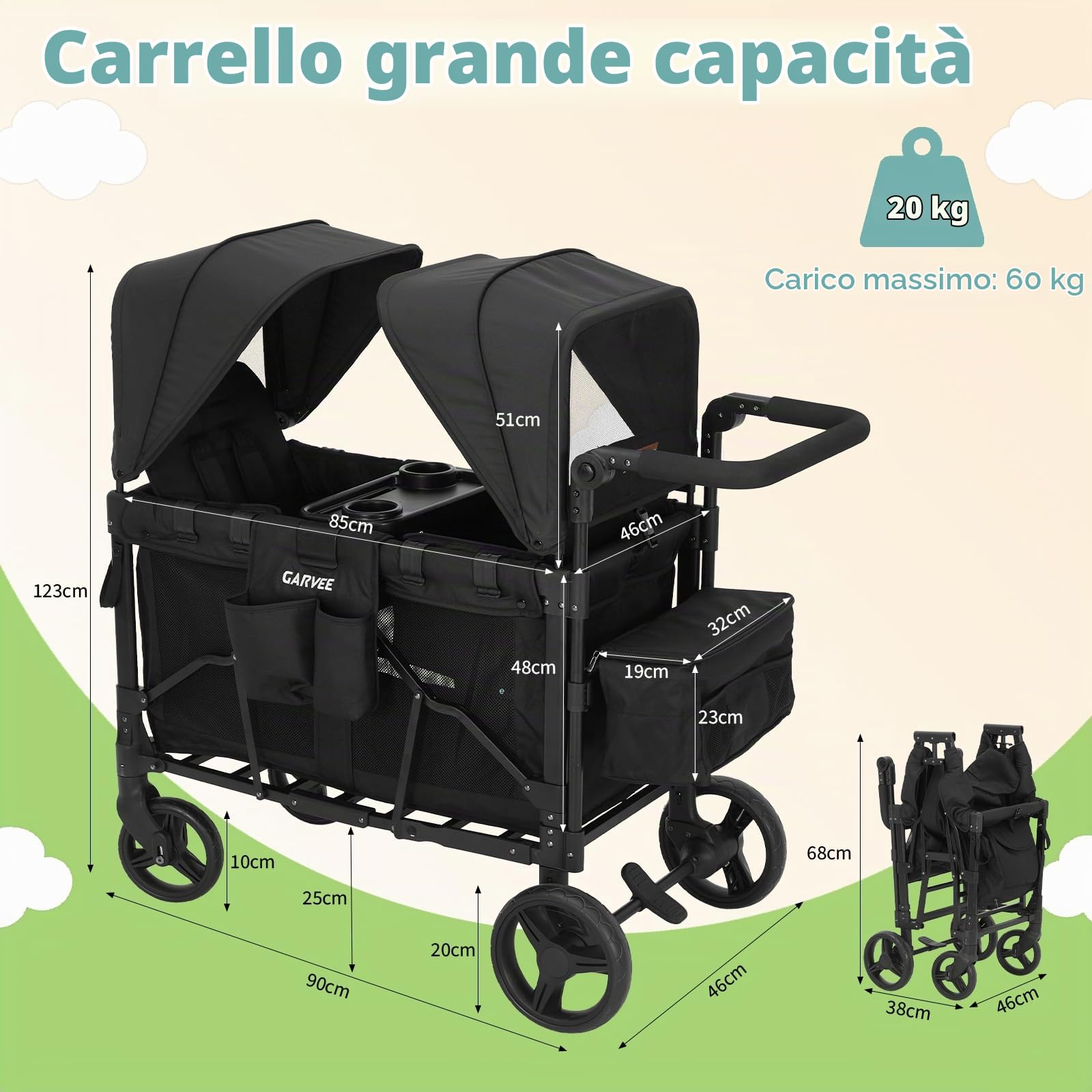 Carrello da Spiaggia, Carrello Pieghevole con Tetto per 2 Bambini, Carrello Spiaggia Bambini con Manico Regolabile e Ripiano per Snack, Tettuccio Rimovibile, Ruote In Poliuretano con Freni, Custodia
