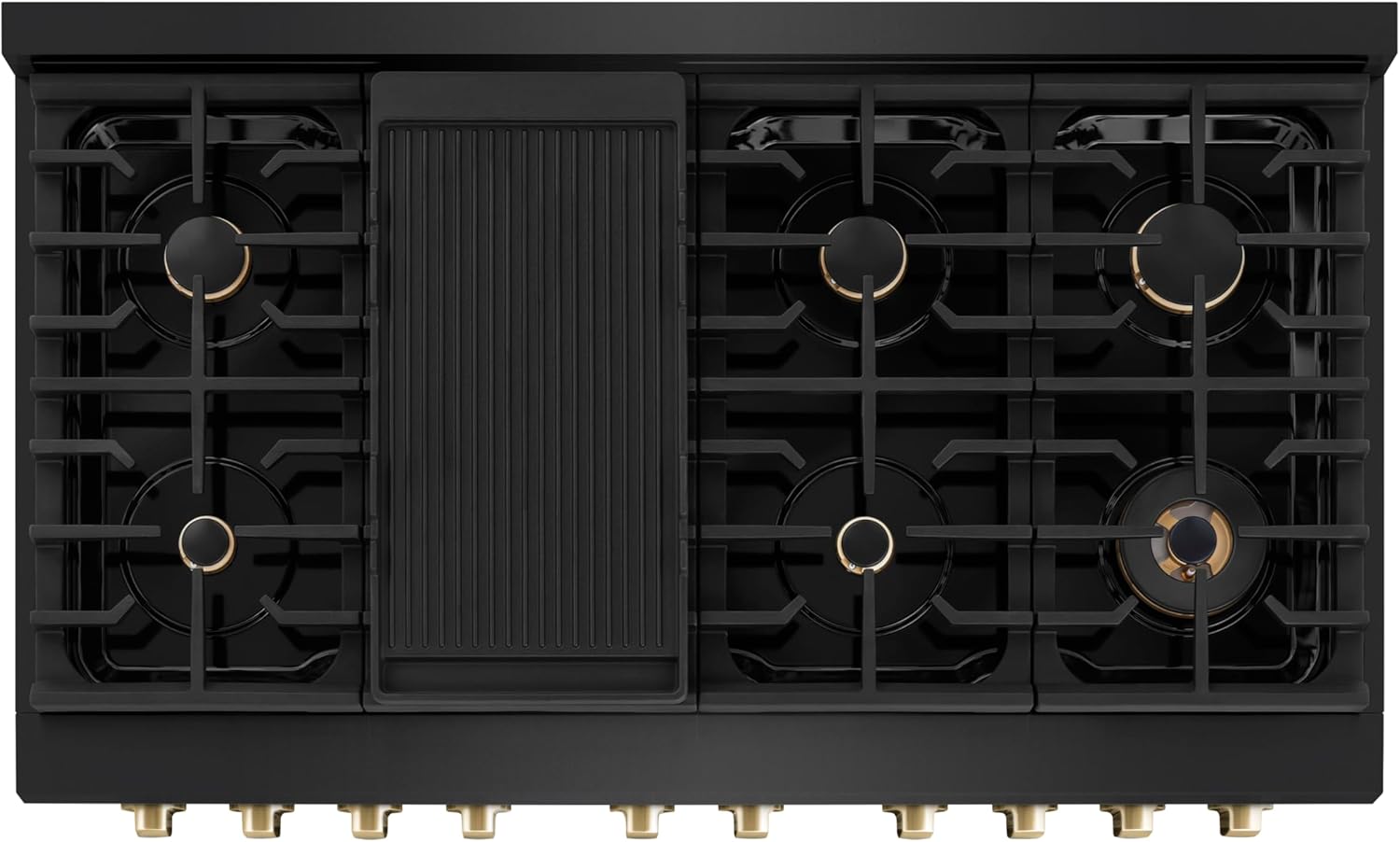 ZLINE Autograph Edition 48 in. 6.7 cu. ft. Paramount Double Oven Gas Range with 8 Burner Cooktop in Black Stainless Steel and Polished Gold Accents (SGRBZ-48-G)