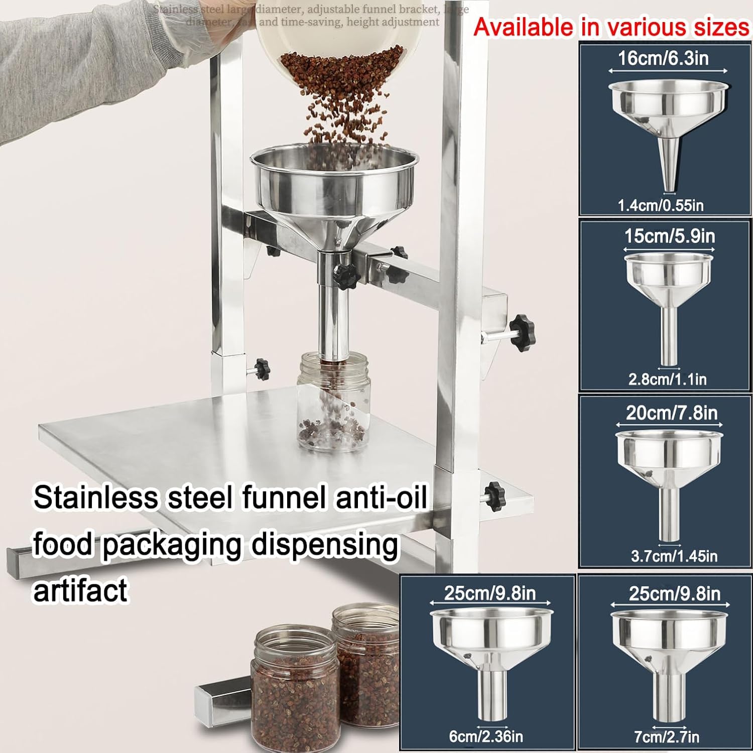 Futtertrichter für Pulver, Flüssigkeit, Granulatverpackung, verstellbare Höhe mit doppelter Halterung/Tablett, untere Öffnung 1,2-7 cm, Edelstahl