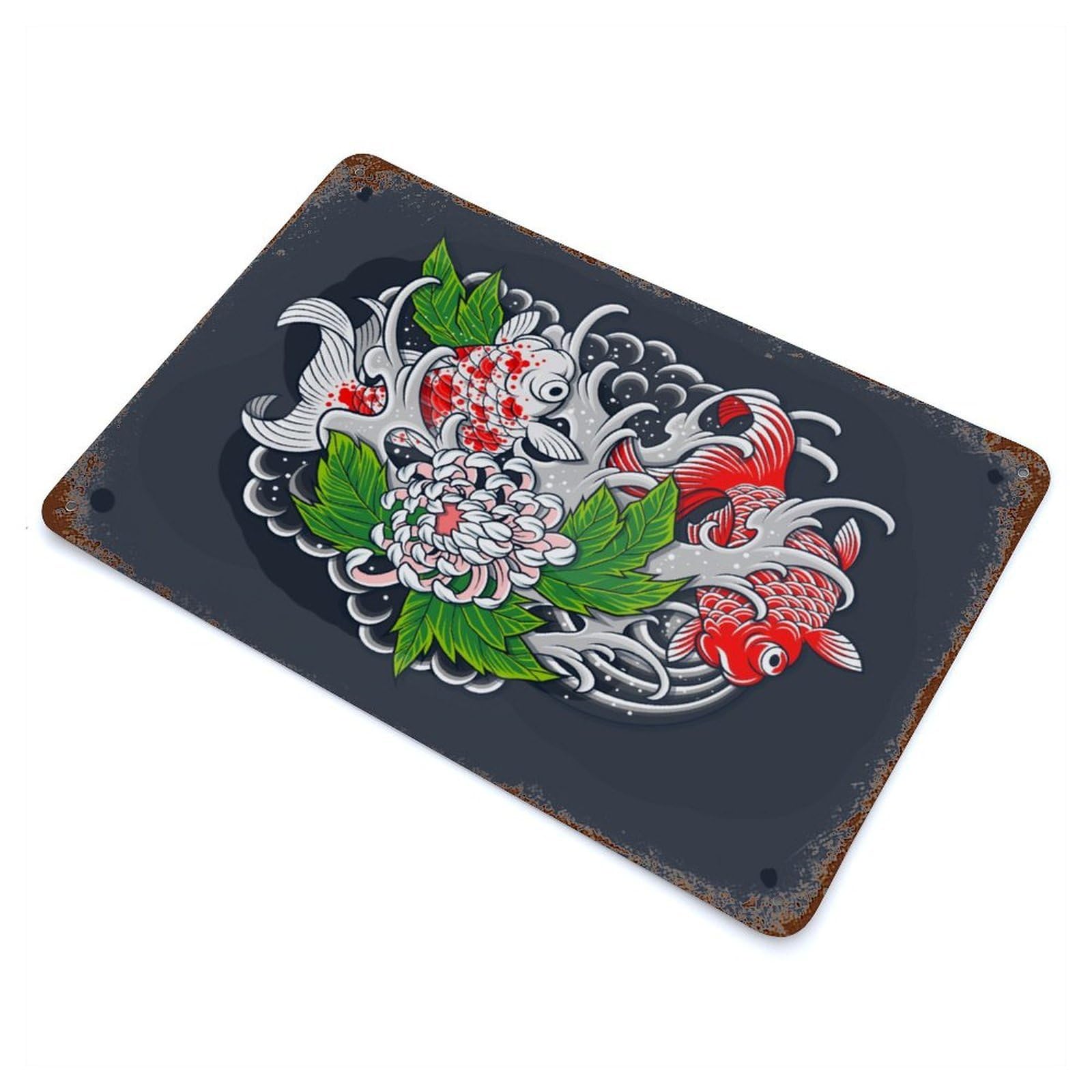 Decorative Tin Sign with Japanese Koi Fish Design 11.8"x7.9", for Basement, Hobby Room And Garage Decor, Rustic Home Decor
