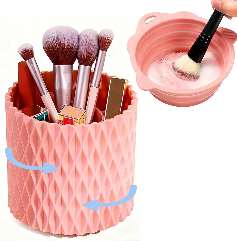 YLYZ Makeup Brush Holder with Cleaning Bowl, Makeup Brush Cleaner Mat Make up Organizer Cosmetic Display Cases, Hair Brush Holder for Vanity, Pink