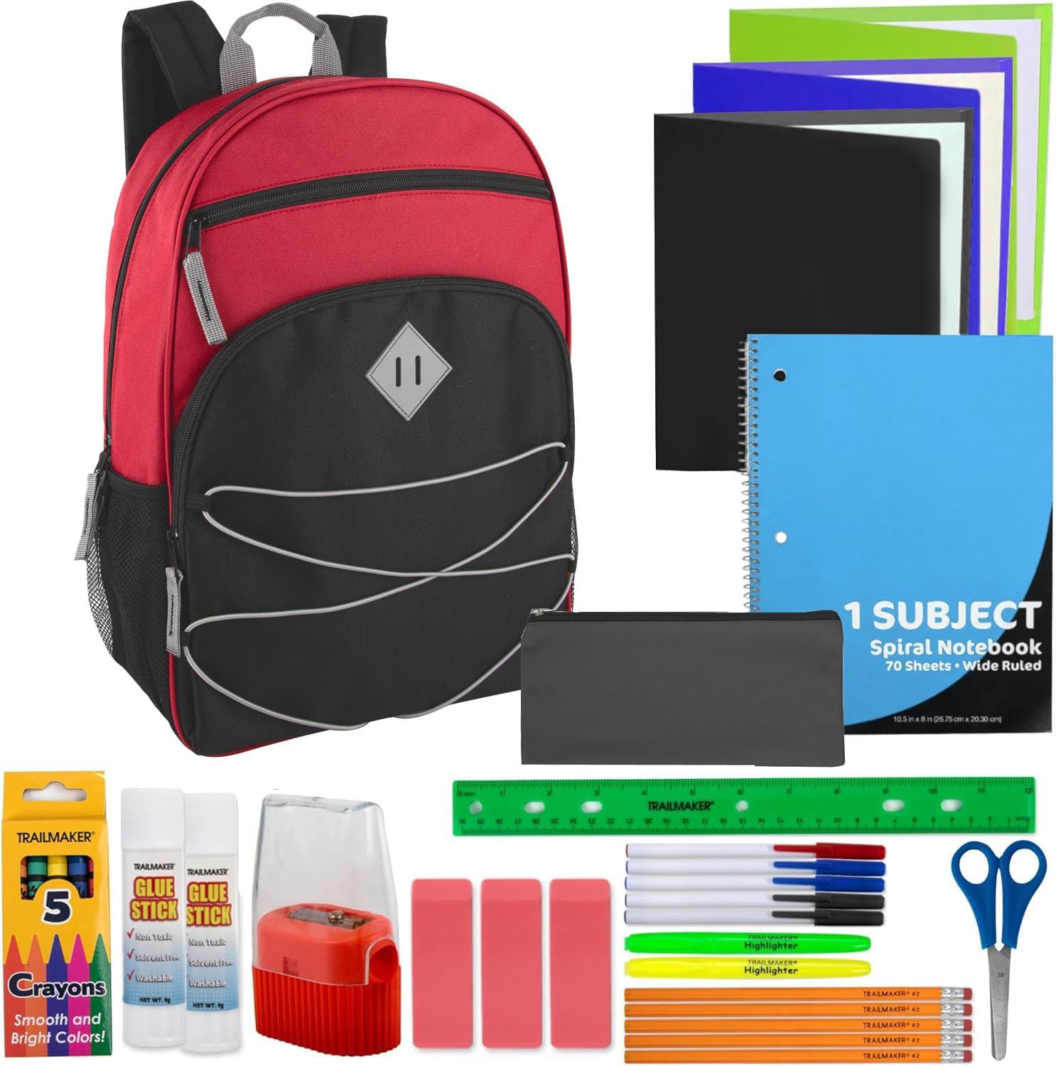 Trail maker Kids Backpacks with School Supplies for Boys, Girls | 20 Piece Back to School Supplies Set with 17" Bungee Backpack (Red & Black)