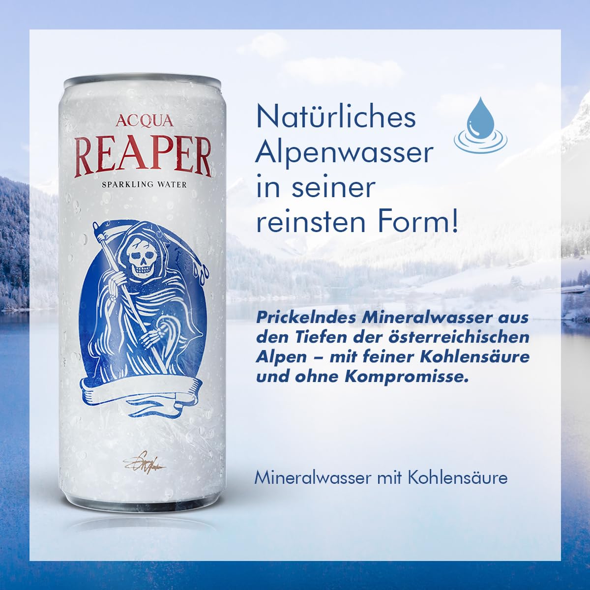 Acqua Reaper Sparkling Water 24er Pack | Natürliches Alpenwasser mit Kohlensäure – Sprudel Mineralwasser in Aluminium Getränkedosen (24 x 0,33l Dose) – Ohne Zucker & Inkl. Pfand EINWEG