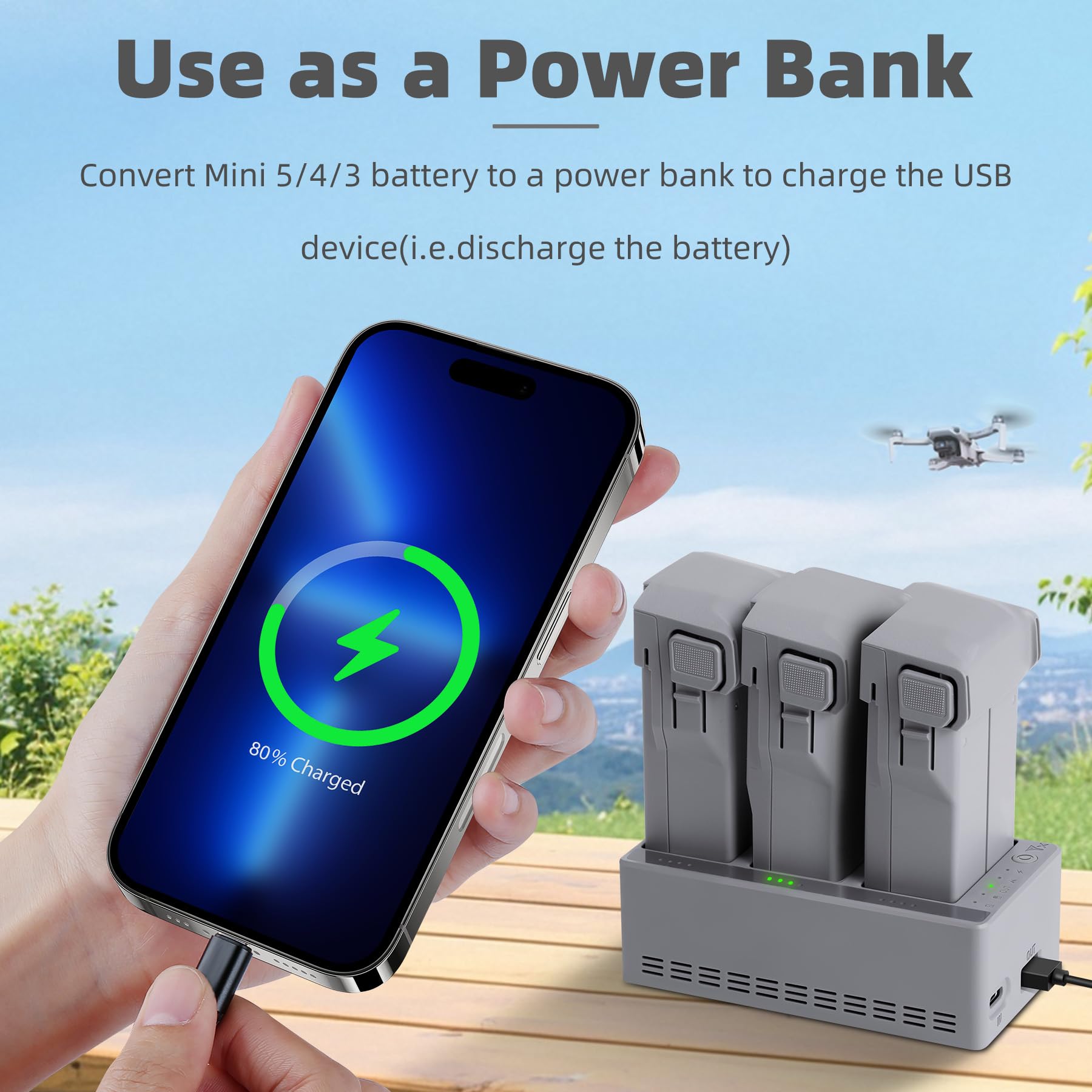 Ładowarka do akumulatora kompatybilna z DJI Mini 5 pro - wejście maks. 100 W, inteligentne ładowanie 3 baterii, tryb przechowywania i funkcja powerbanku, wyświetlacz stanu LED