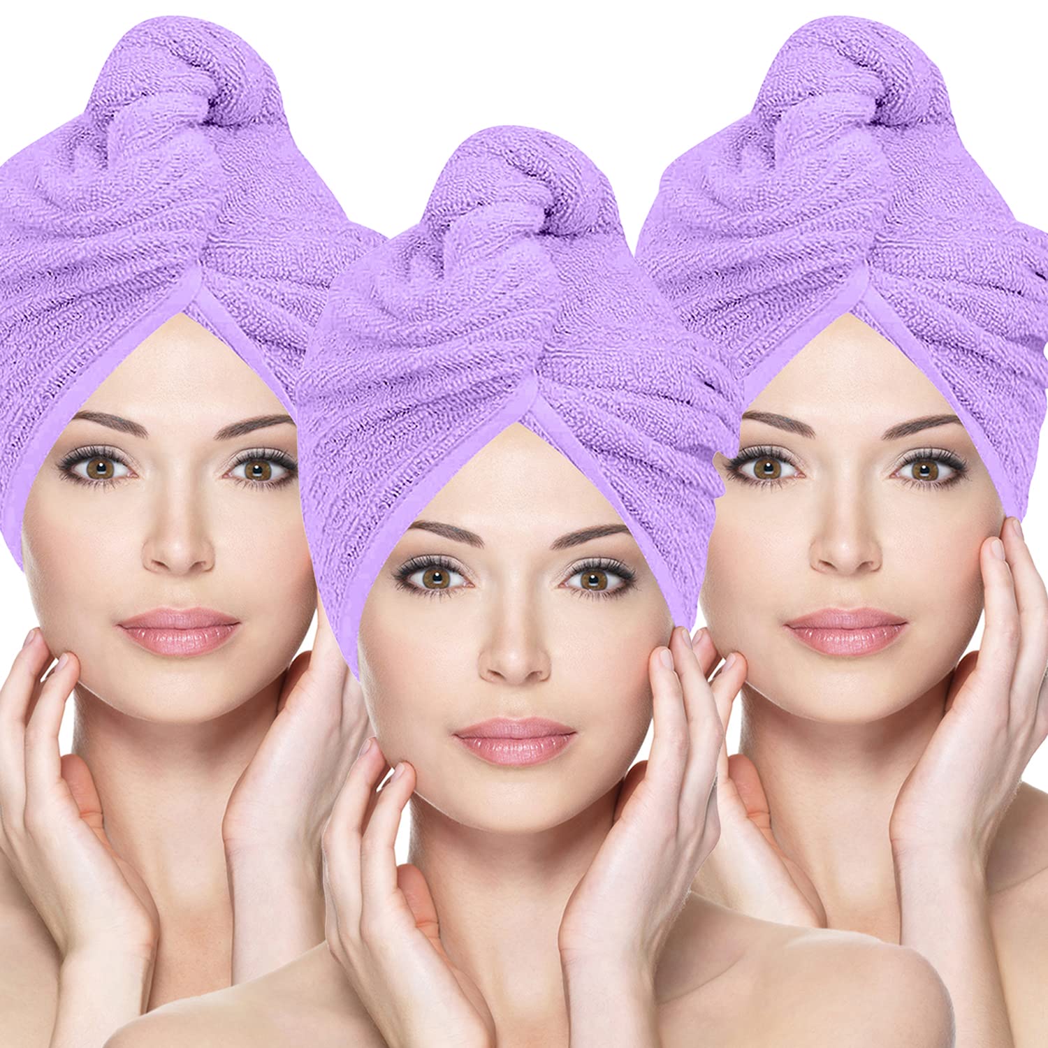Glamza 3 Pack (Large) - Purple Microfibre Hair Towel Wrap Super Absorbing Twist Turban Hair Wrap With Buttons For Fast Drying Hair (3 Pack (Large) - Purple)