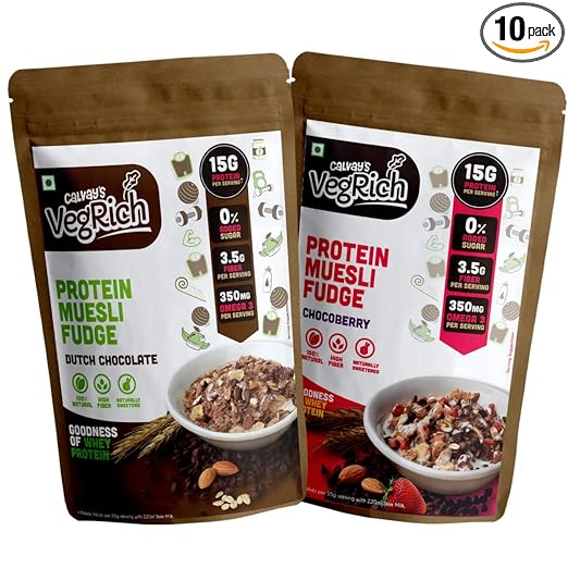 VegRich Protein Breakfast Muesli Combo (1x Dutch Chocolate + 1 x ChocoBerry) | 15g Protein Added Whey Protein | Sweetened with Dates & not Sugar | (330g x 2 Packs)