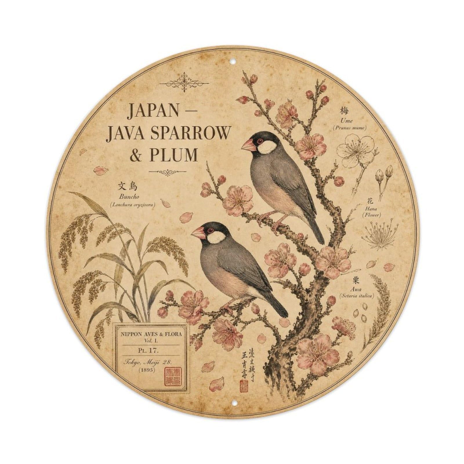 Olyhtr 8X8inch Classic Style Meiji Japan Java Sparrow Plum Branch Ceramic Metal Tin Sign