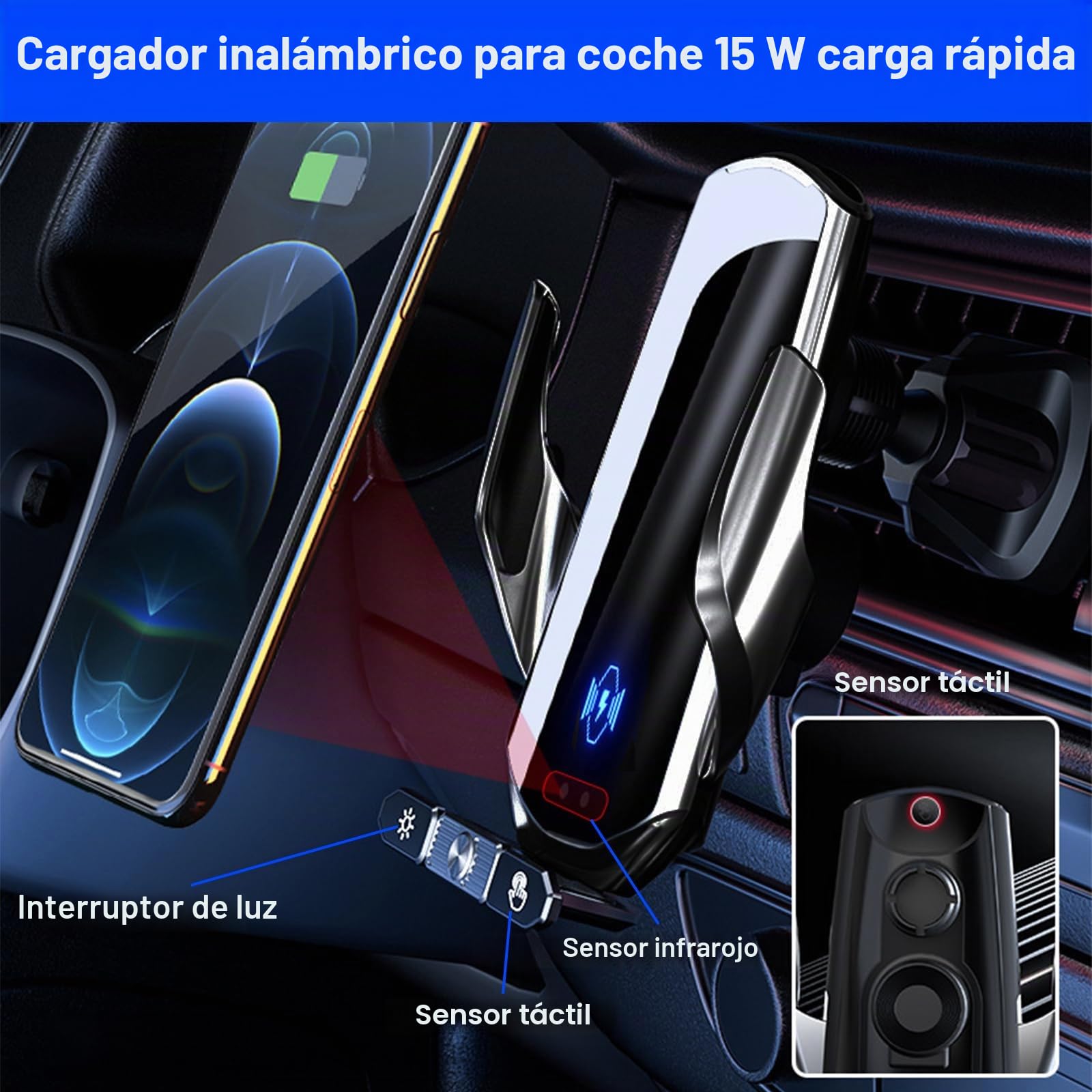 Soporte inalámbrico para teléfono de coche, cargador inalámbrico de 15 W, carga rápida, soporte de cargador de coche con sujeción automática, soporte de succión, salpicadero, ventilación de