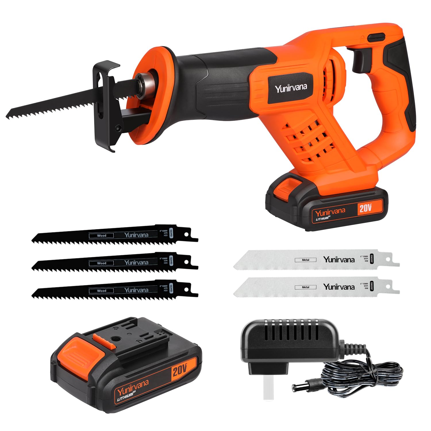 20V Reciprocating Saws, Variable Speed 0-3000 SPM Cordless Reciprocating Saw, Tool-Free Blade Change, 3pcs 6" Wood Saw Blades & 2pcs 6" Metal Saw Blades, with 2.0Ah Batteries & Fast Charger