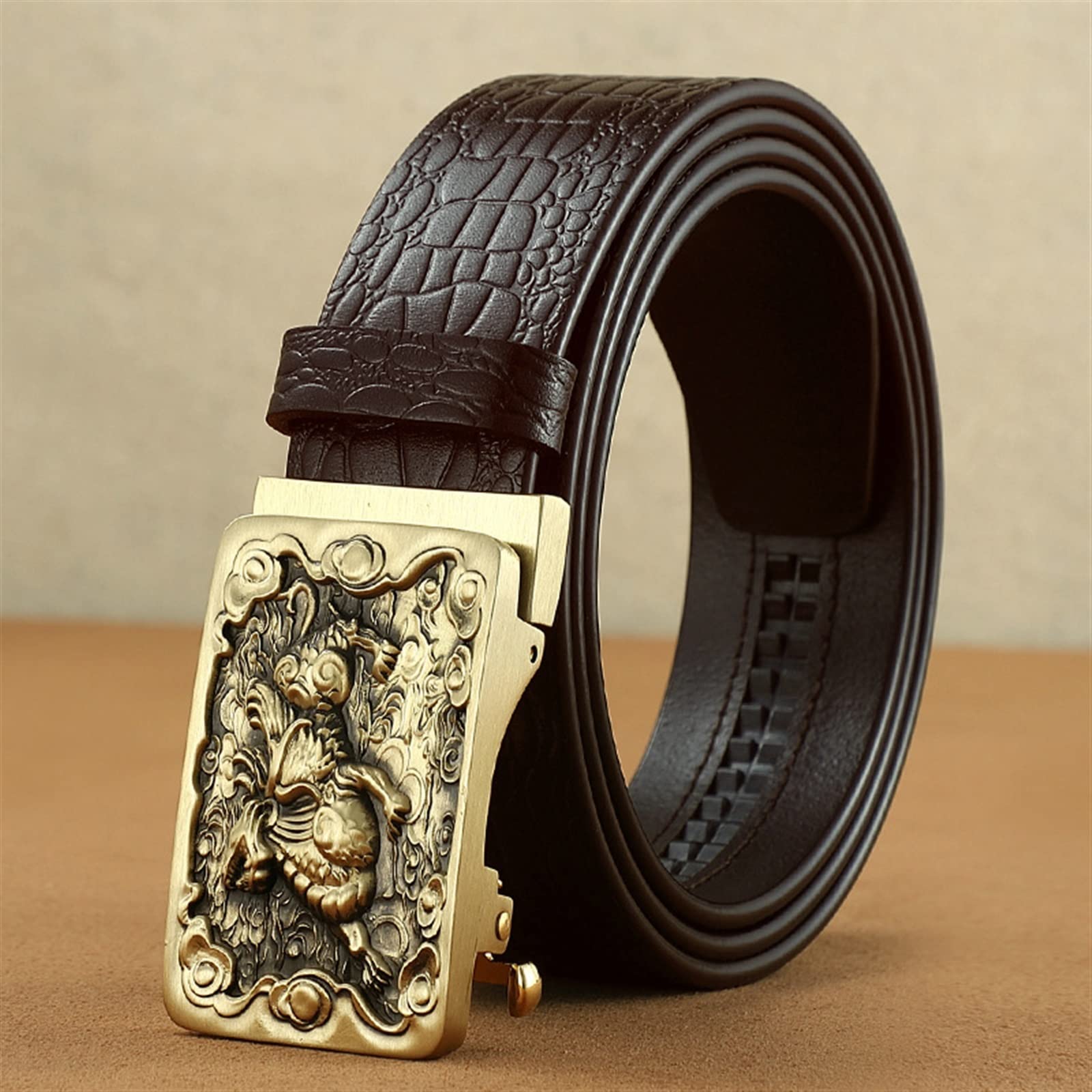 Men's Leather Belt Brave Truppen Kupferschnallen Automatischer Schnallengürtel Männlich Klassische echte Ledergürtel Herrengürtel for lässiges Kleid (Color : Brown, Size : 110cm)