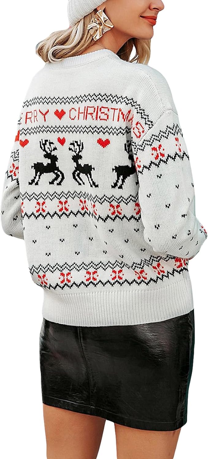 Women's Ugly Funny Christmas Sweaters Long Sleeve Knit Pullover Sweater Cute Reindeer Tree Snowflake Sweater (White, S) - Image 5