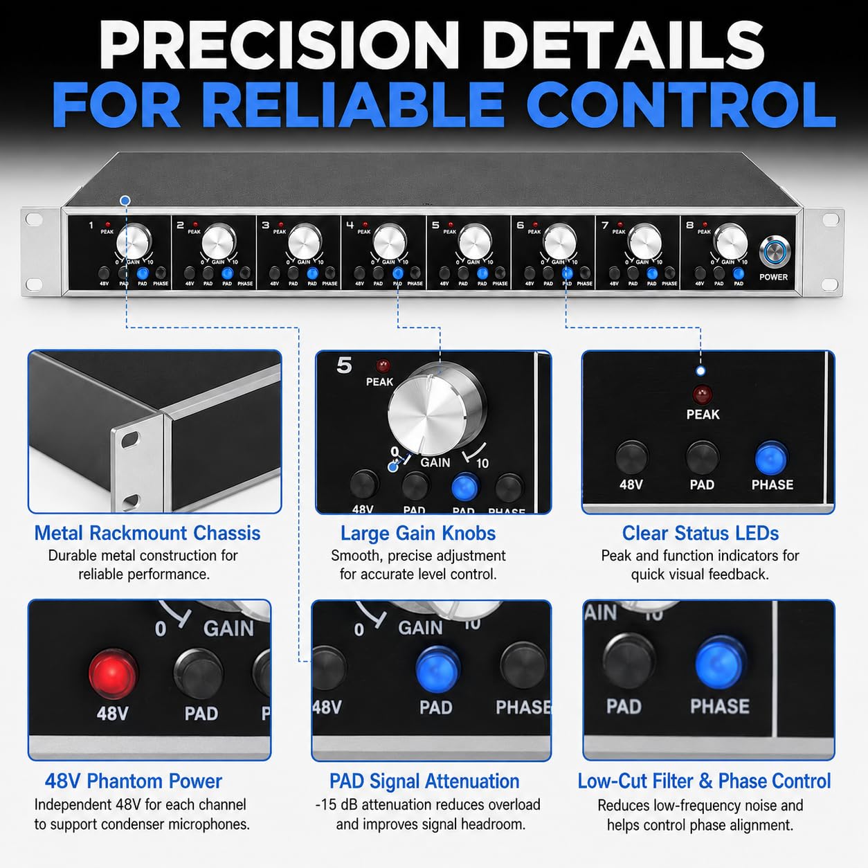 TsoLay Préampli Microphone 8 Canaux, Booster Gain Micro 60 DB avec Gain Propre, Alimentation Fantôme 48V, Inversion de Phase, Entrée XLR/6,35 mm pour Live, Streaming, Enregistrement et Scène