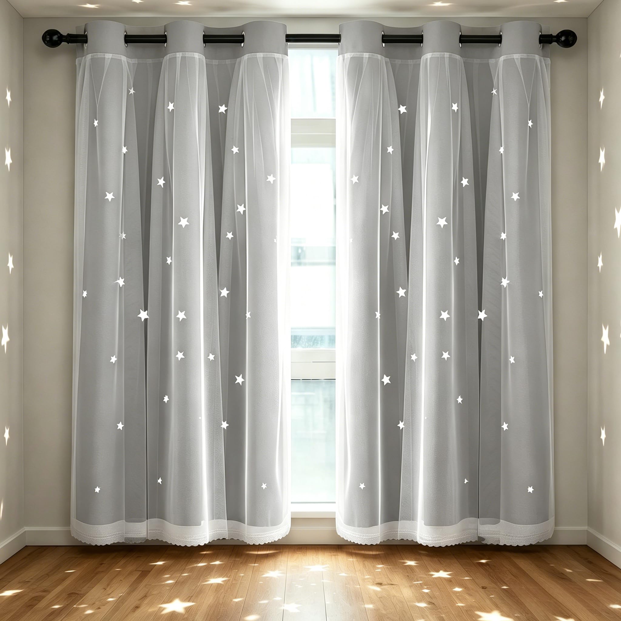 Kinryb Silver Grey 42W x 84L Star Cut-Out Blackout Curtains Decorative Soundproof Mix and Match Curtain for Nursery Thermal Insulated Drape for Living