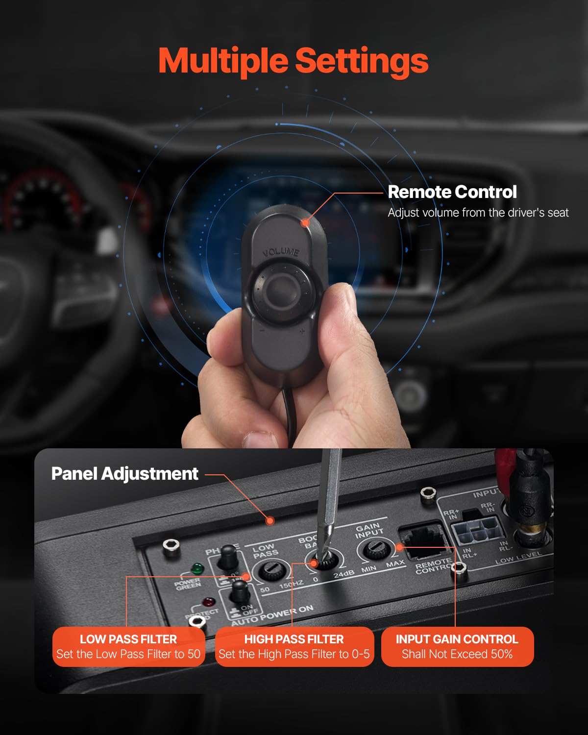 VEVOR Subwoofer per Auto Sotto Sedile, Subwoofer Auto Sottile Sistema Audio a Basso Profilo, Audio con Amplificatore integrato, Ingresso Livello Alto e Basso Regolatore del Volume 203 mm e 240W