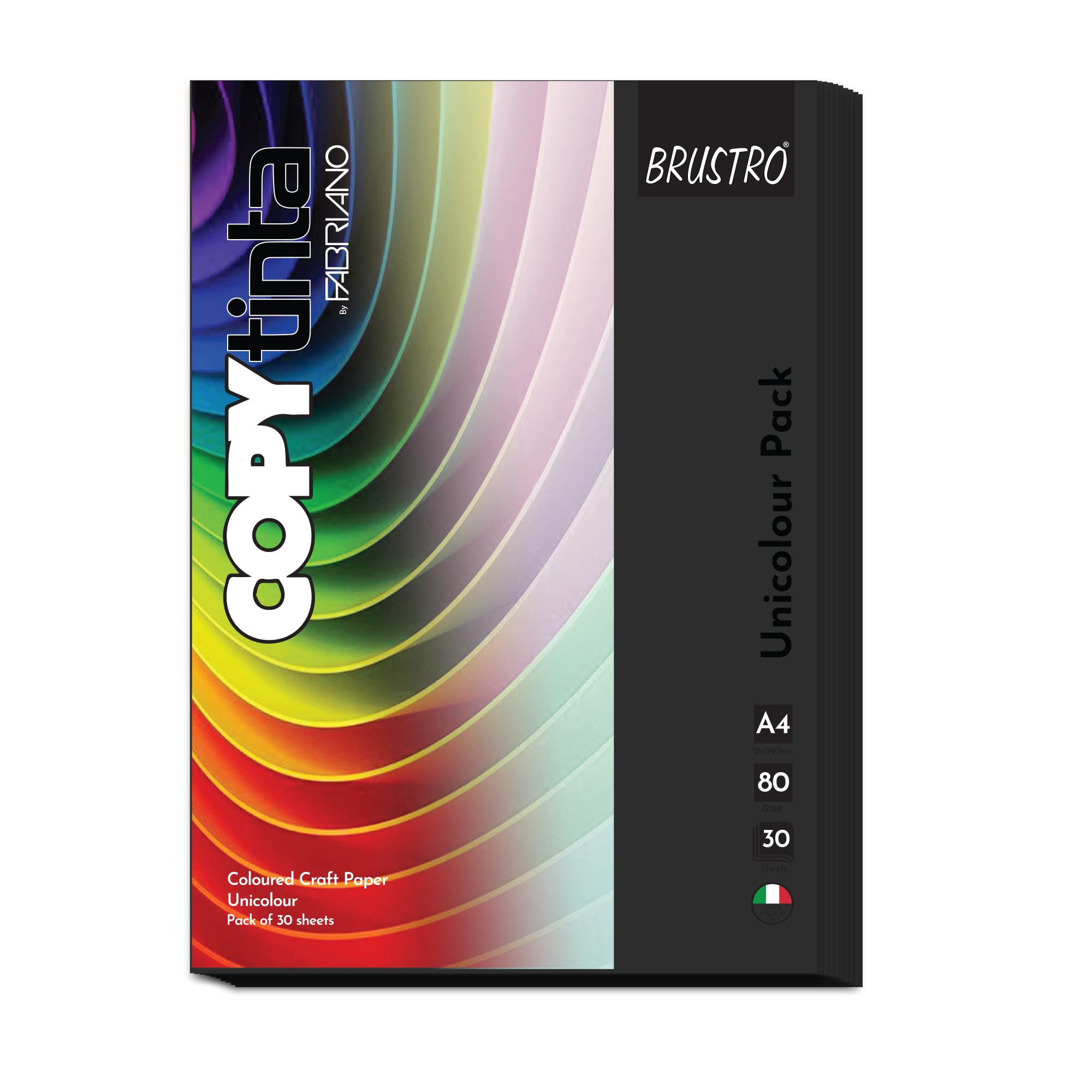 BRUSTRO Copytinta Coloured Craft Paper A4 Size 80 GSM, Black Shade (Nero), 30 Sheets Pack| Double Side Coloured, Ideal for Office Printing,Origami & DIY Art,Craft.
