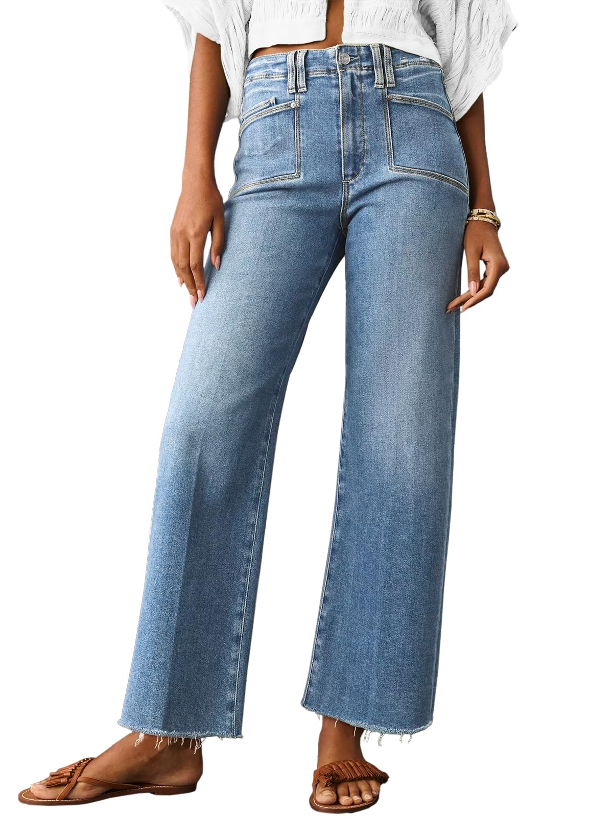 Cicy Bell Womens High Waisted Cropped Jeans Trendy Stretchy Baggy Straight Leg Raw Hem Capri Denim Pants