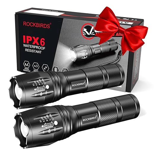 ROCKBIRDS LED Flashlight, 2 Pack High Lumen Handheld Light with 5 Modes, Zoomable Flashlight for Home Outdoor Hiking Camping (Black)