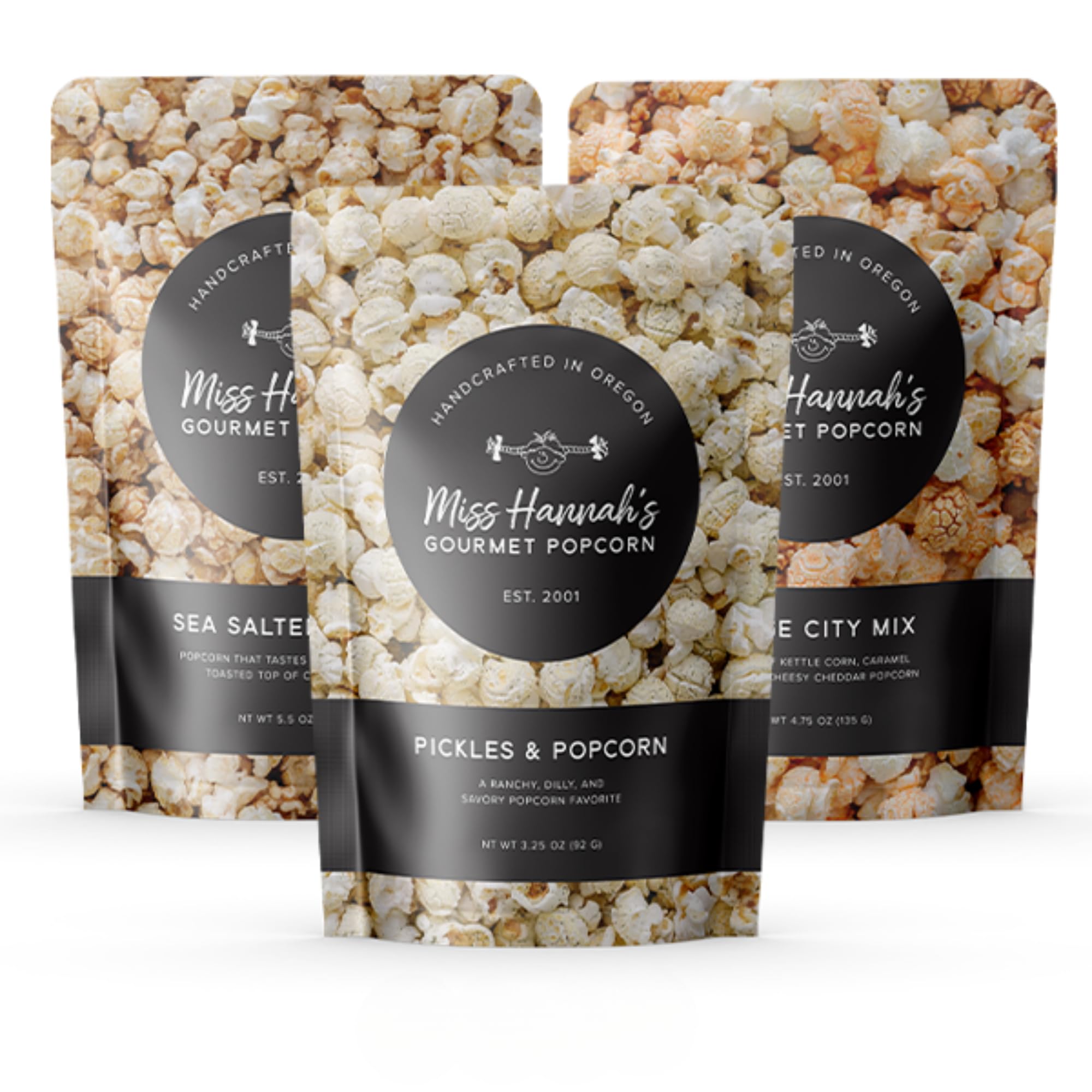 Miss Hannah's Gourmet Popcorn Starter Pack - Sea Salted Brulee, Bridge City Mix, Pickles & Popcorn - Non-GMO, Sweet & Savory Snack Box for Gifting or Sharing - 3 Pack Artisan Popcorn Gift Set