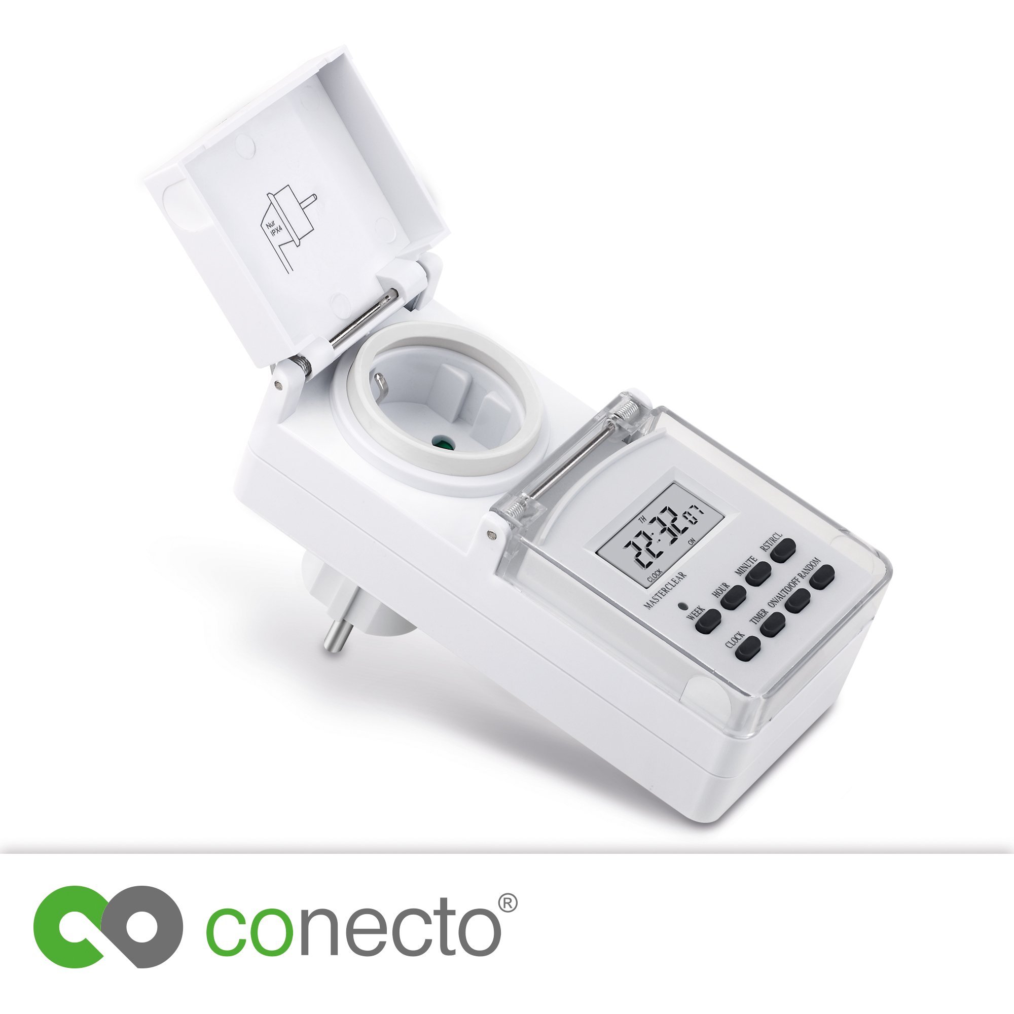 conecto Cyfrowy programator czasowy do gniazdka, do użytku wewnątrz i na zewnątrz, 10 programów przełączania, wyświetlacz LCD 1,5", w zestawie akumulator zapasowy, IP44, 3600 W, biały