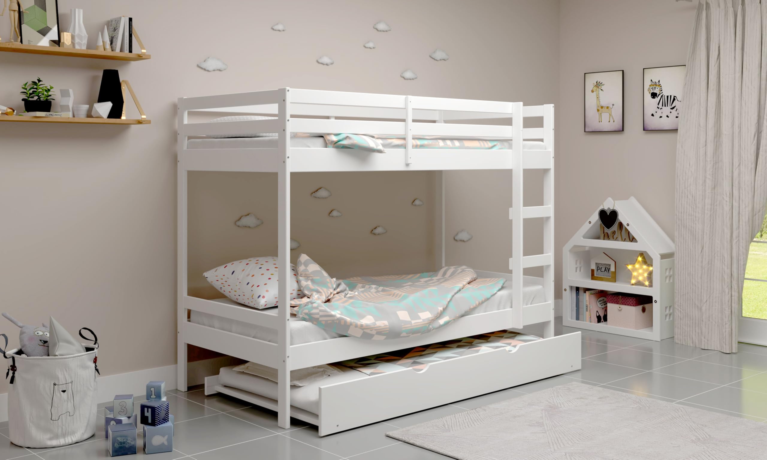 Litera Infantiles Madera Maciza Tres Camas Escalera 90x190 cm
