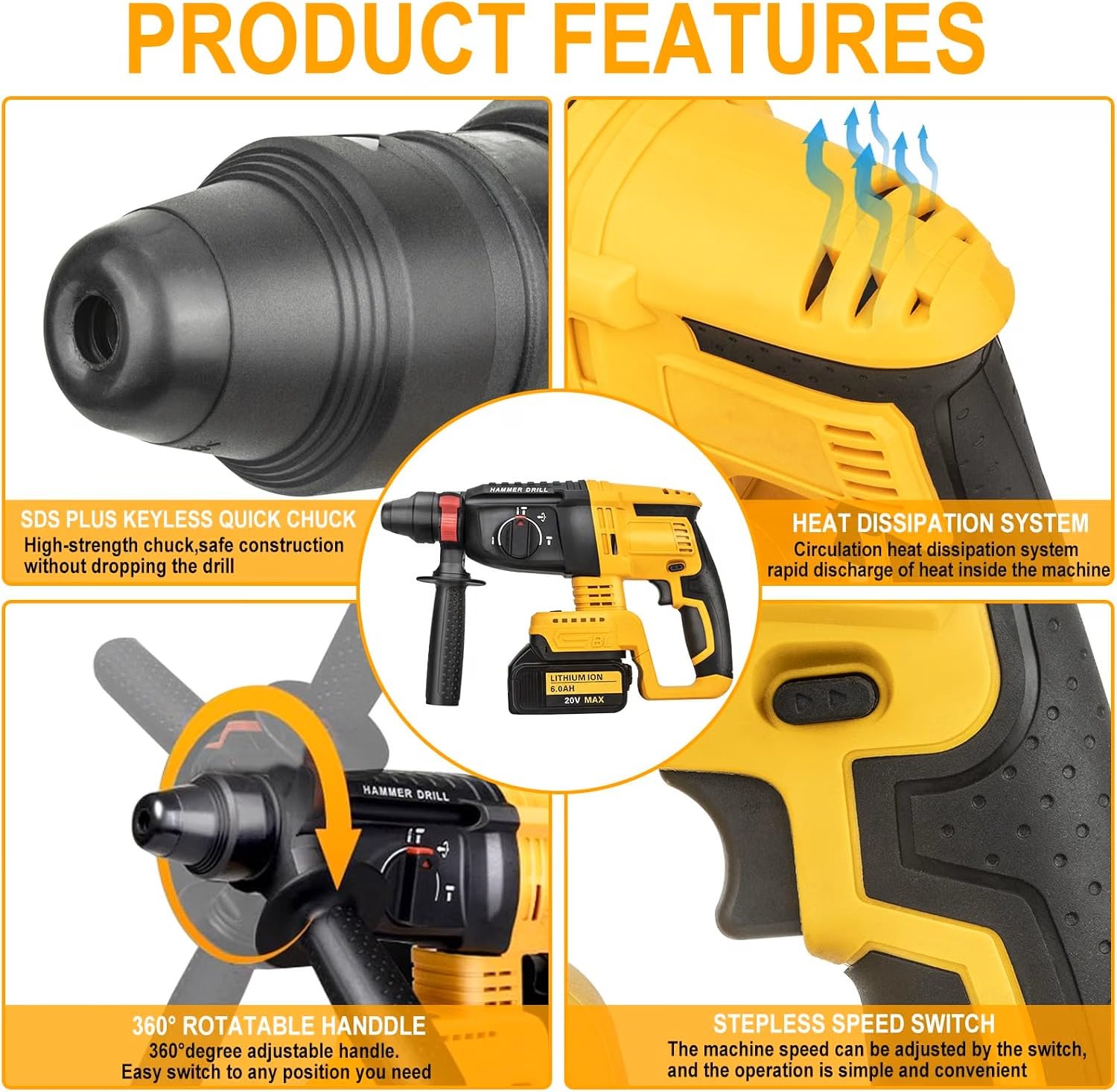 Taladro de martillo SDS Plus para batería Dewalt de 20 V, motor sin
