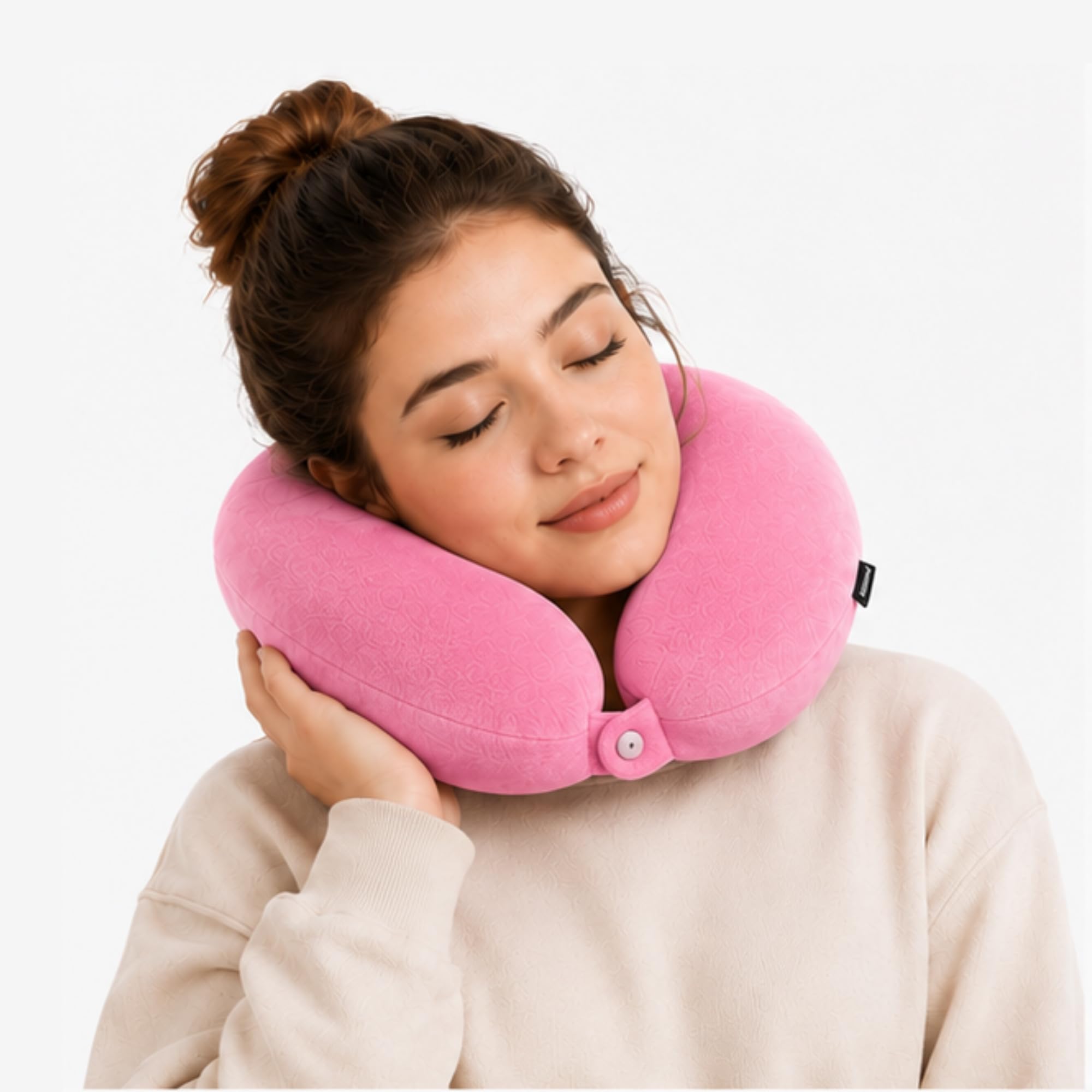govind enterprises pink u shape neck pillow & eye mask travel combo with button closure | soft thread fabric | premium fiber filled travel cushion for flight, car, train & office