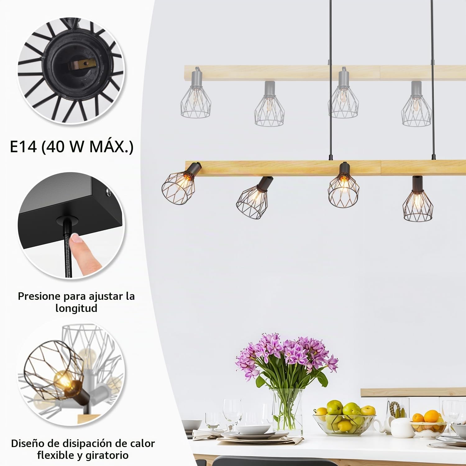 LVWIT Lamparas Colgantes de Techo Negro, Lamparas Isla Cocina E14, Lámparas de Techo de Madera，Lampara Comedor Techo con 6 Bases, para Salón,Dormitorio, Pasillo (Sin Bombillas)