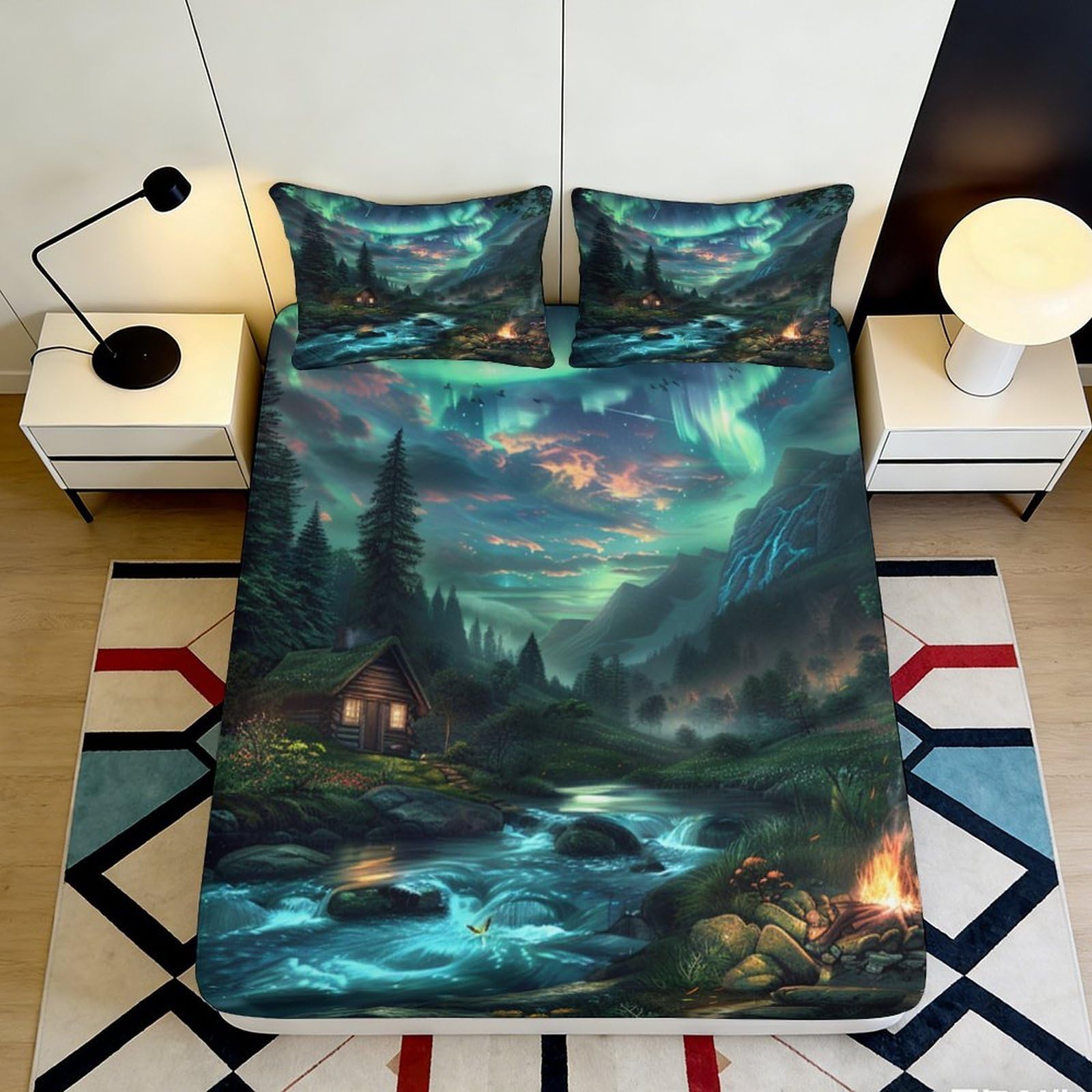 Pnayamiorkfel Style-4 3D Printed Aurora Forest Fitted Sheet Microfiber Soft Cabin River Bed Cover For Bedroom Guest Room Home Decor 90X200x25cm