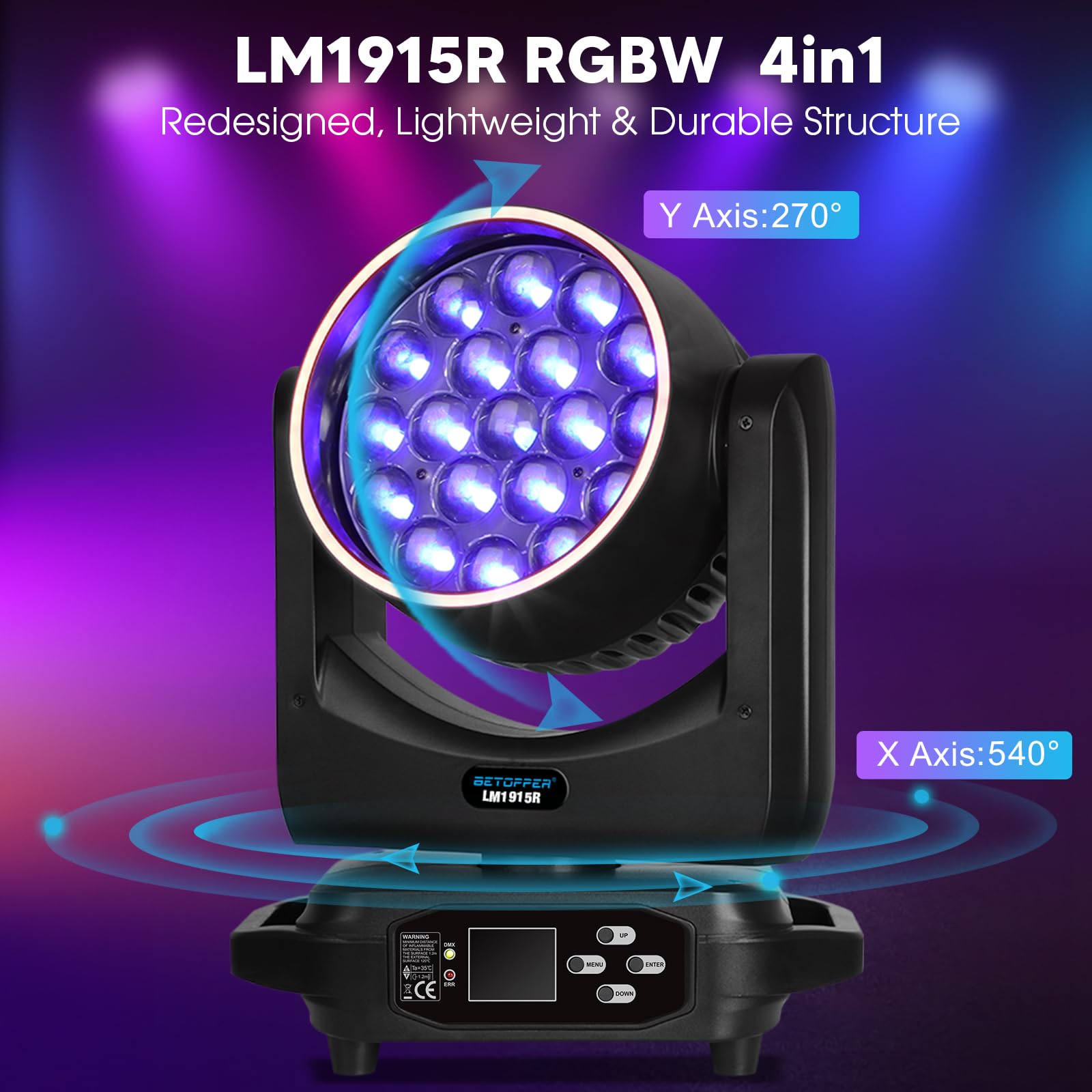 BETOPPER Moving Head Light,19x15W RGBW with Light Strip Effect Moving Head Stage Spotlight,Lightweight Disco DJLight for Party Wedding Club Bars Show?1?