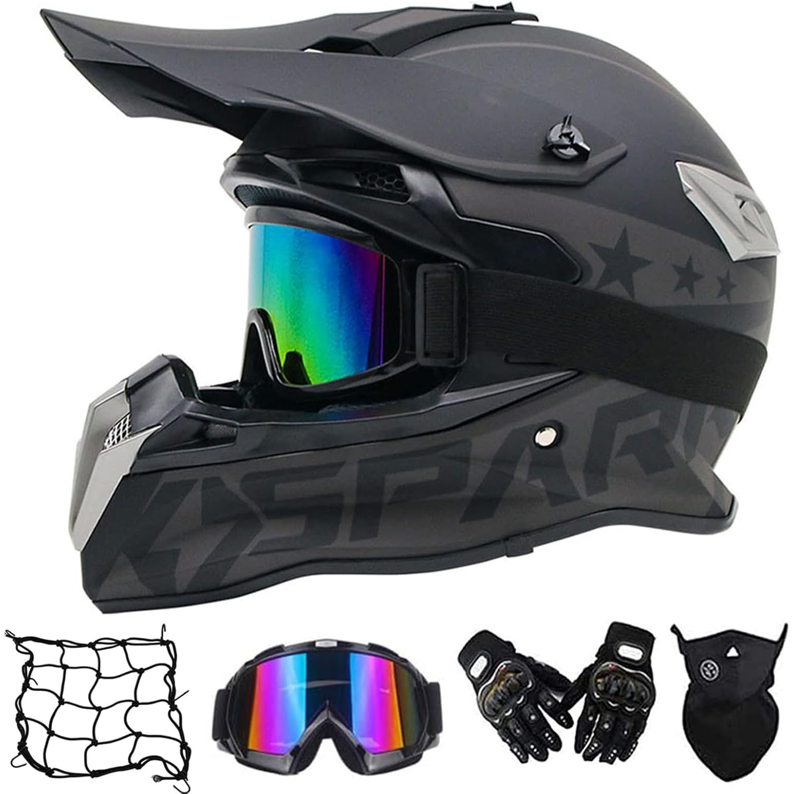 Blau/ Schädel - Motocross Helm mit Brille (4 Stück) Motorrad Crosshelm