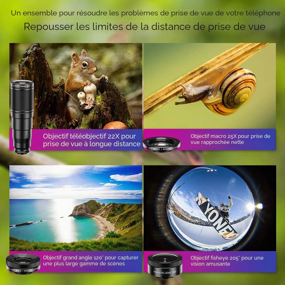 Apexel Cell Phone Camera Lens-22X téléobjectif+25X Macro Lens+120 ° Wide Angle Lens + 205 ° Fisheye 4 in 1 Phone Lens Kit avec trépieds pour iphone 11 Pro Huawei P30 Samsung