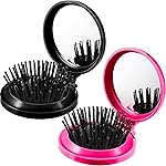 Boao 2 Pack Foldable Travel Mirror Hair Brushes Round Portable Folding Pocket Hair Brush Mini Comb Compact Travel Size Massage Comb for Men Women (Black, Rose Red)