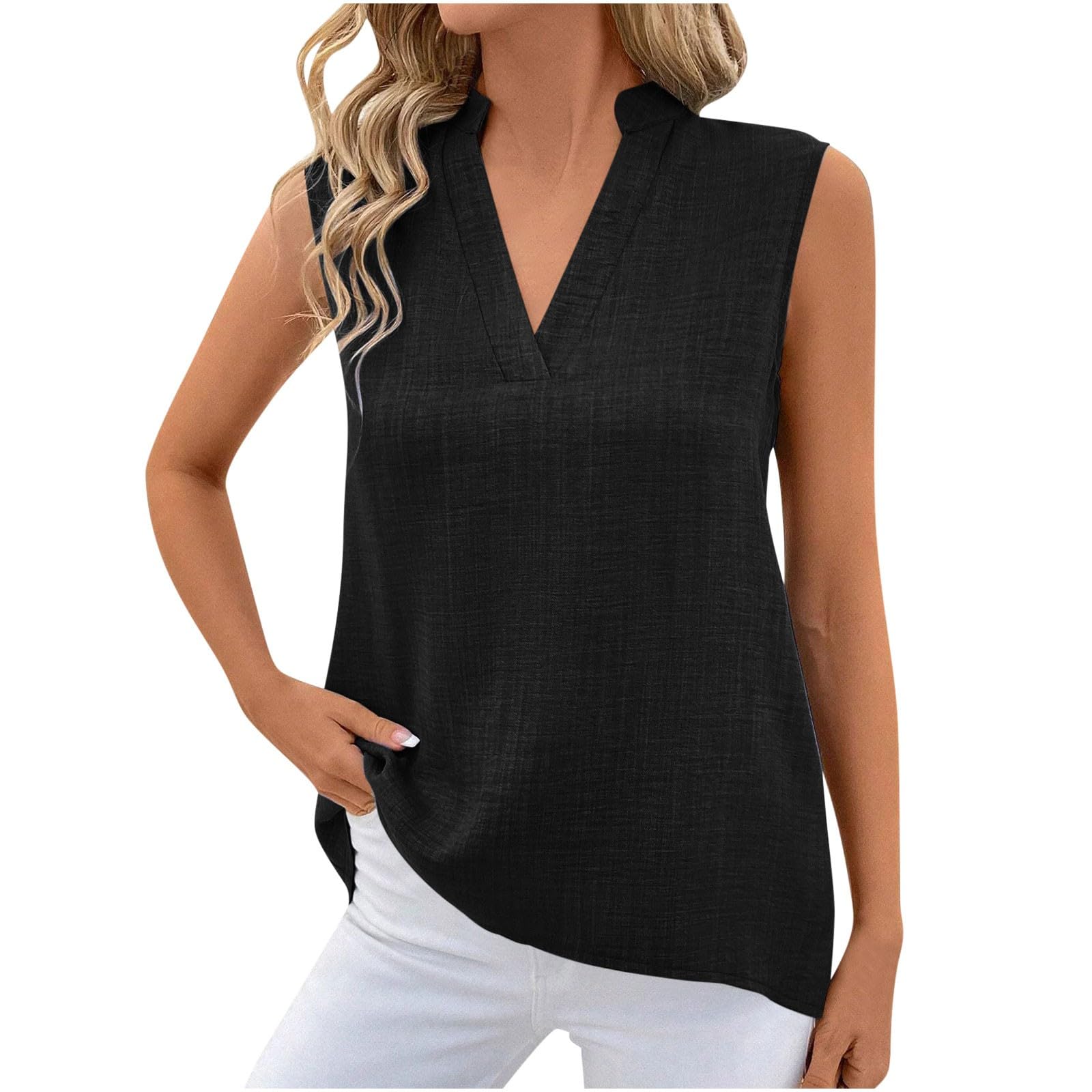 Cotton Linen Tank Tops for Women V Neck Sleeveless T-Shirts Fashion Loose Casual Tunic Summer Basic Blouses for