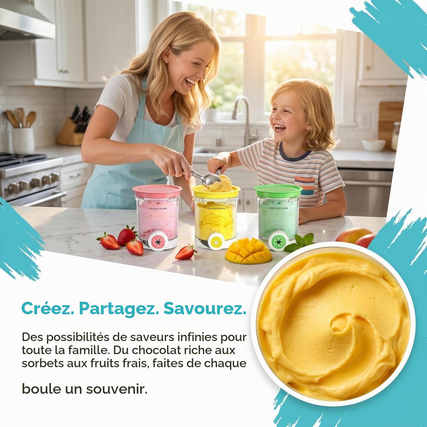 Lot de 4 Pots de Remplacement Compatible avec Ninja Creami Swirl NC700 NC701EU, 480ml Récipients avec 2 Spatules en Silicone et 1 Rouleau d'Étiquettes, Sans BPA & Passe au Lave-Vaisselle