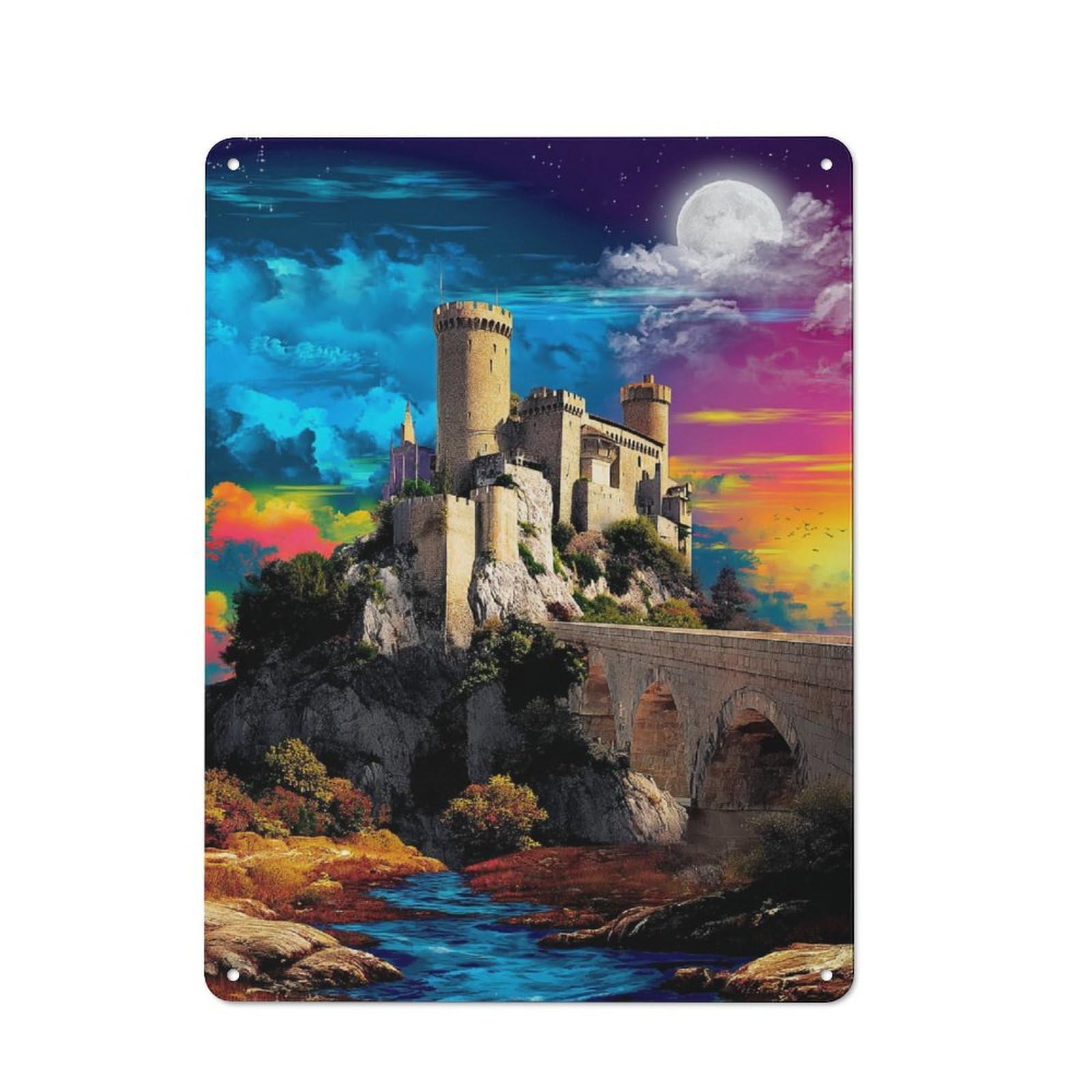 Junmoney Castle Under A Colorful Sky Rustic Tin Sign 40X30cm, Vintage Porch Wall Decor For Conservatory, Home Bar Or Utility Room