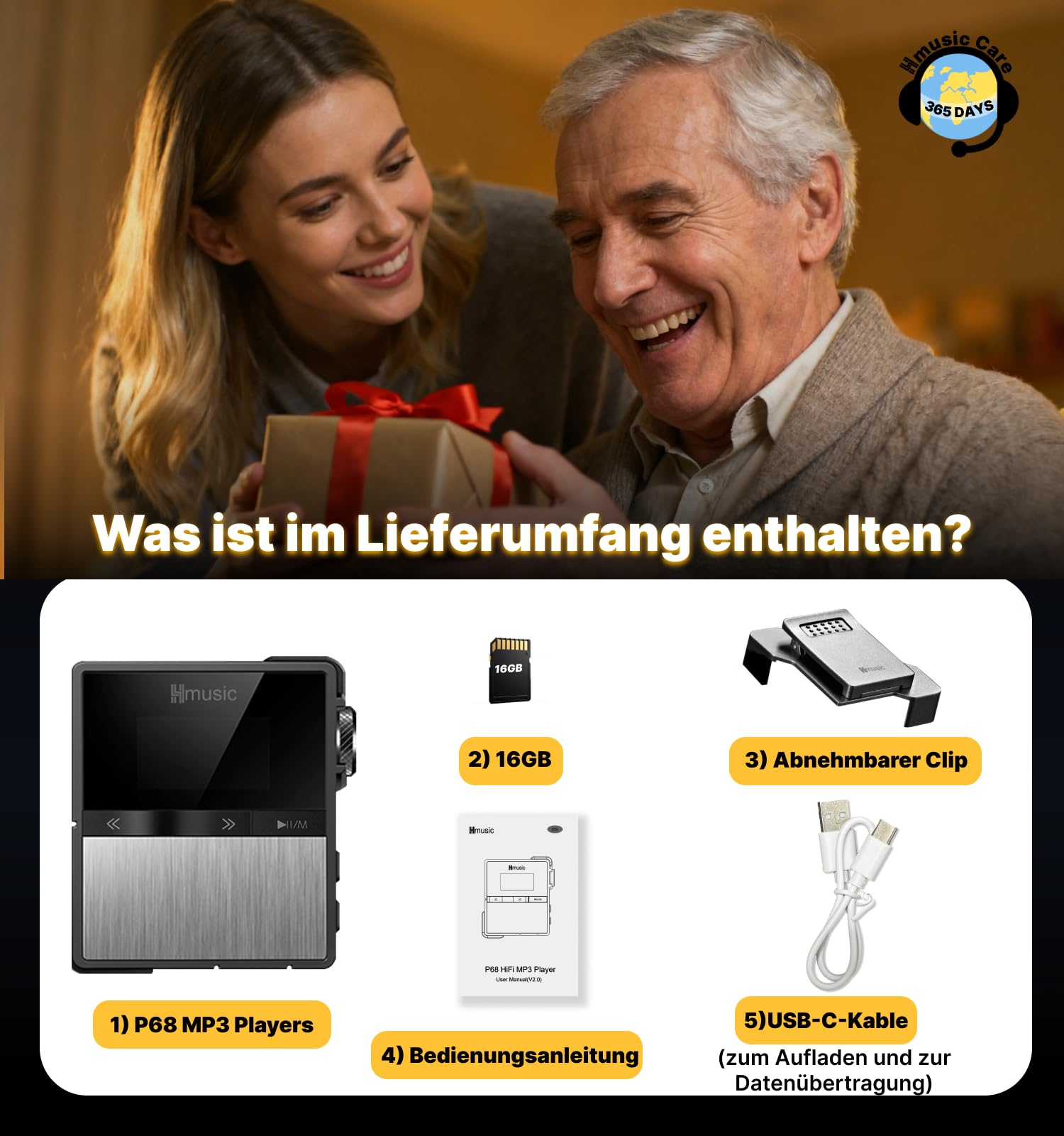 Hmusic P68 HiFi-MP3-Player mit Clip, verlustfreier DSD-Musik-Player | Hoher Auflösung, Bluetooth, tragbarer Hi-Res-Audio-Player mit 16 GB Speicherkarte, unterstützt bis zu 128GB HiFi-Musik-Player