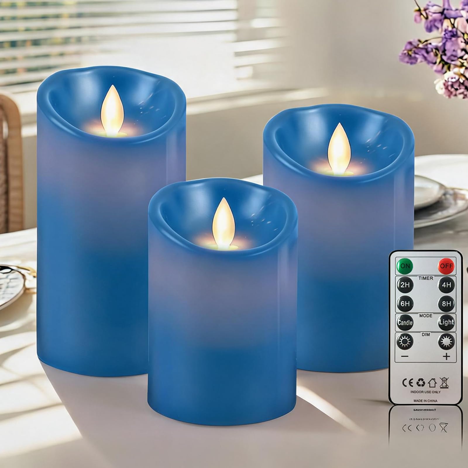 Velas con batería para bodas y Navidad en set de 3 piezas de cera azul 8
