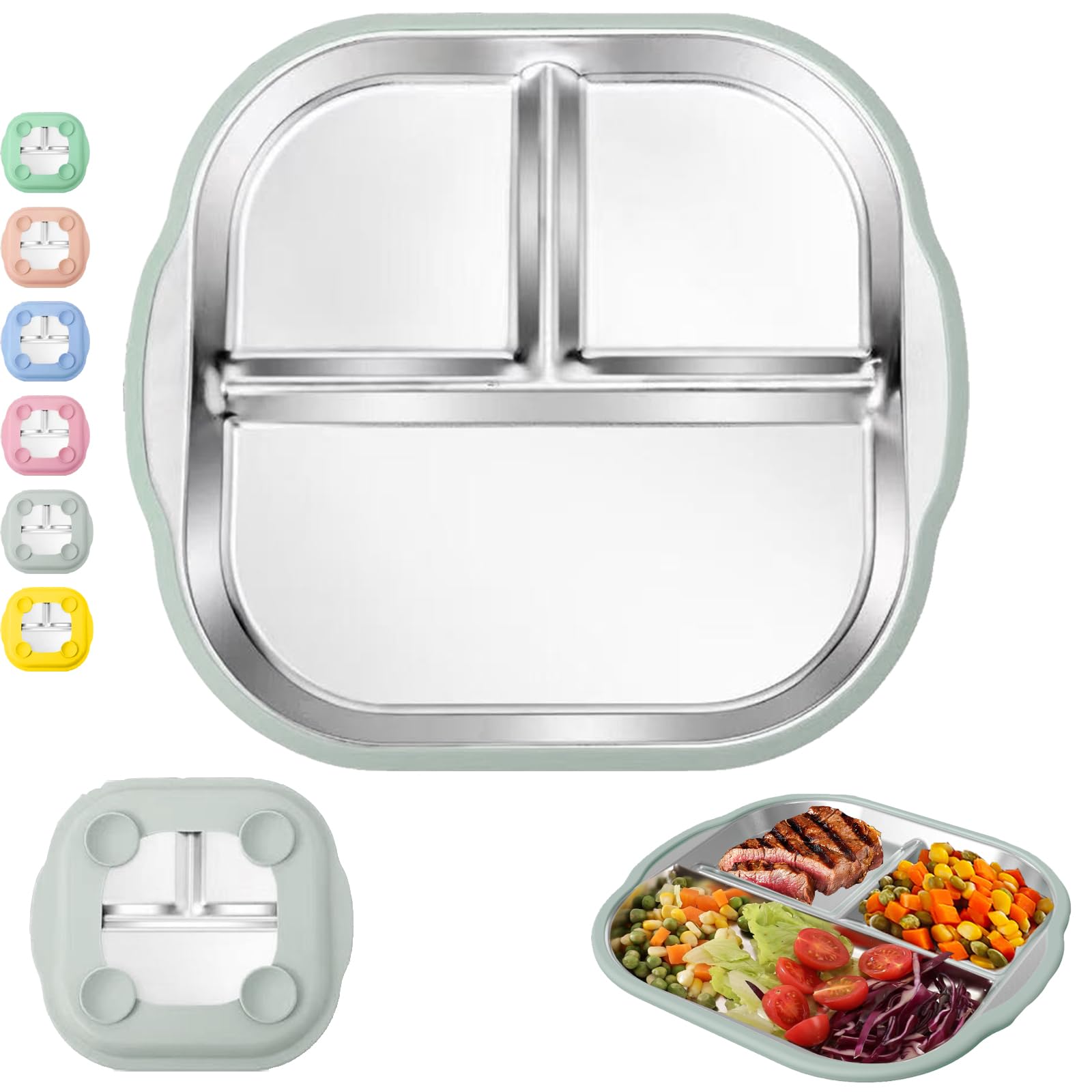 CWENDANER Tellern edelstahl teller kinder,geteilter Teller für Kinder, edelstahlteller baby saugnapf,für die autonome Ernährung,rutschfestes Mahlzeiten-Set für Babys(Hellgrau)