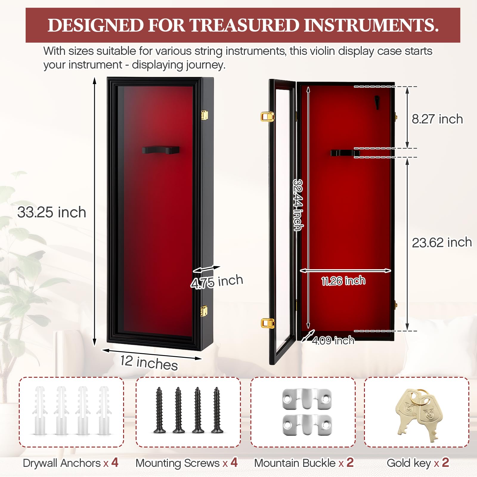 Silipull Espositore per violino da 33,25 '' con supporto per archetto e serratura per violino Supporto da parete per chitarra, violino, ukulele, con porta trasparente in acrilico per regalo natalizio