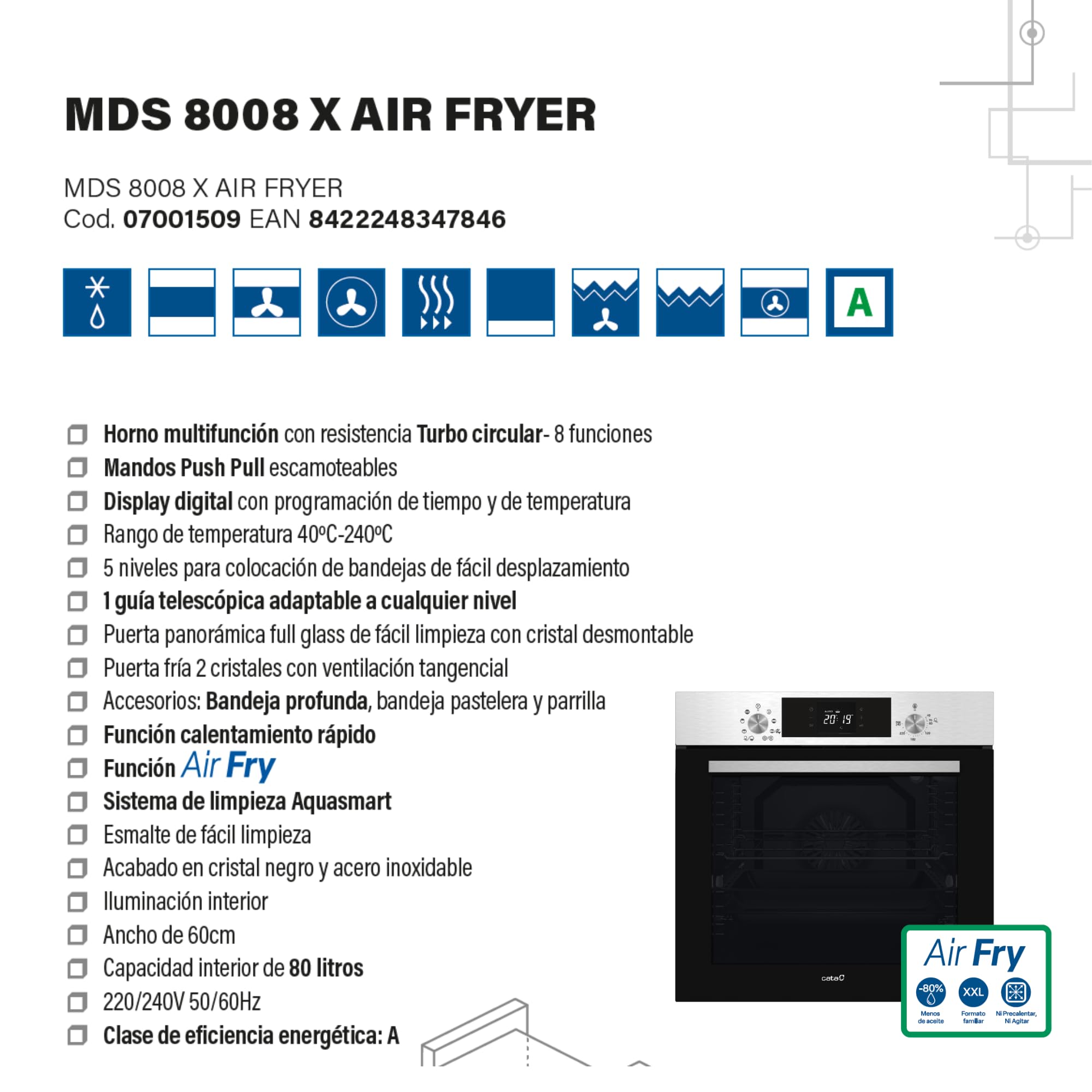 Cata Horno Multifunción MDS 8008 X AIR FRYER con 8 Funciones. Display Digital. Función Air Fry. Limpieza AquaSmart. Iluminación Interior. Capacidad 80 L. Acabado en Cristal Negro y Acero